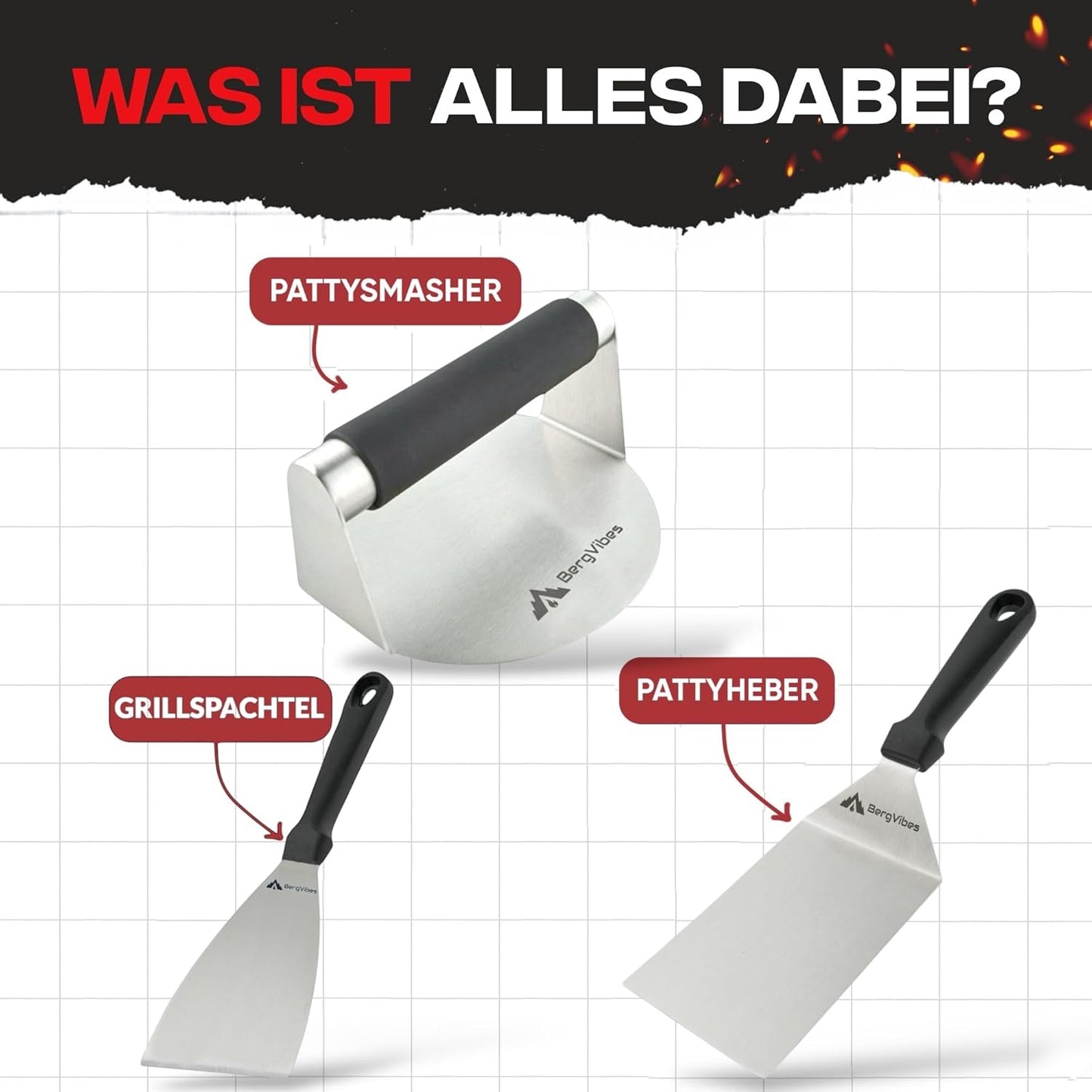 3-teiliges Smash Burger Set, Burgersmasher, Grillwender, Grillspachtel, 3tlg.