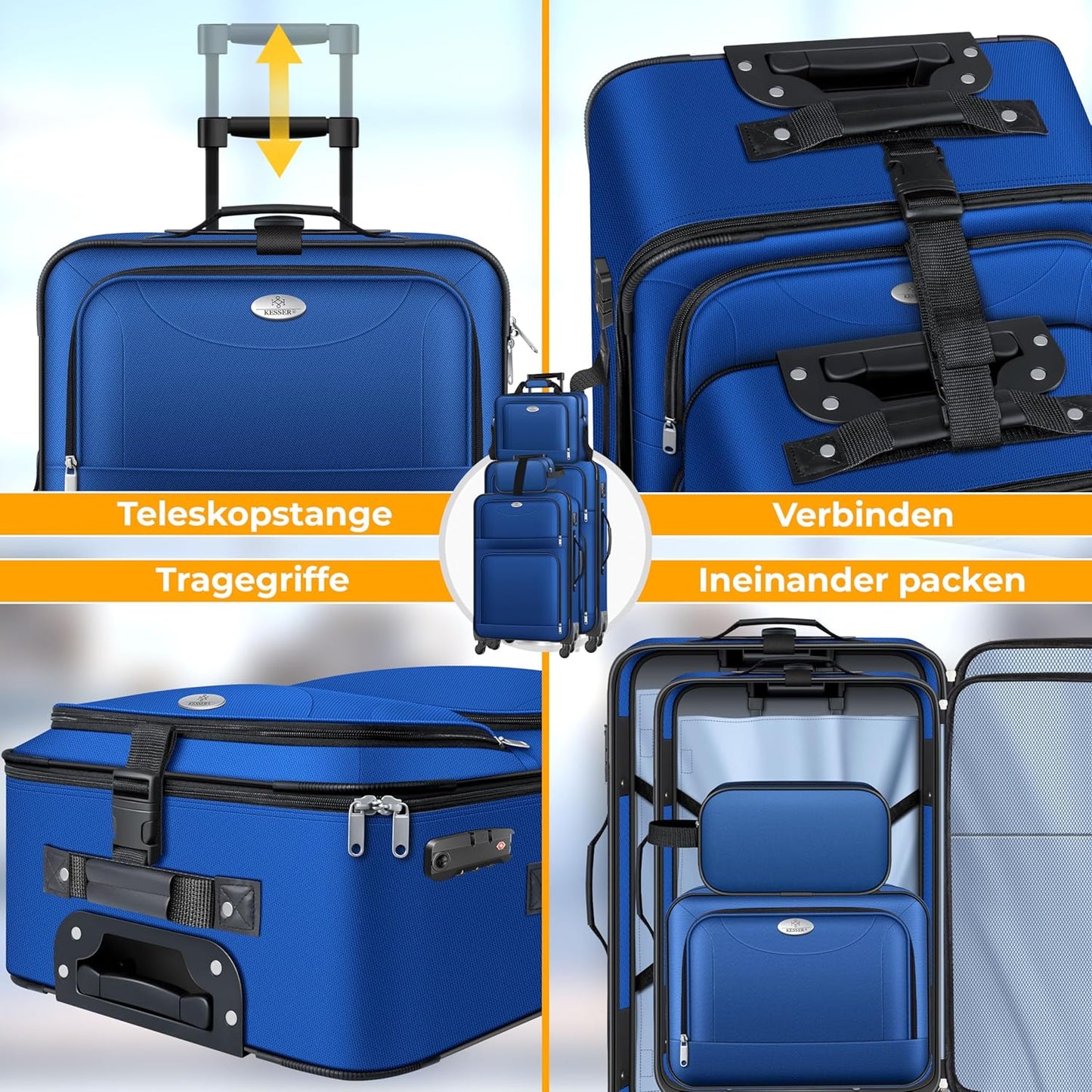 Reisekoffer Set mit TSA-Schloss und 360° Rollen (4-tlg), Blau
