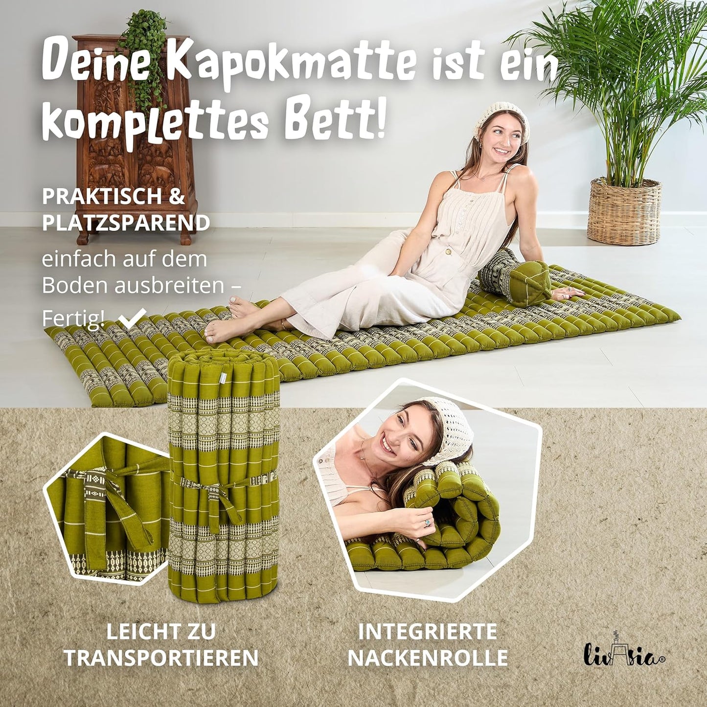 Rollmatratze Thaimatte Gästebett (200x75x4,5 cm), M (200 x 75 cm) Grün
