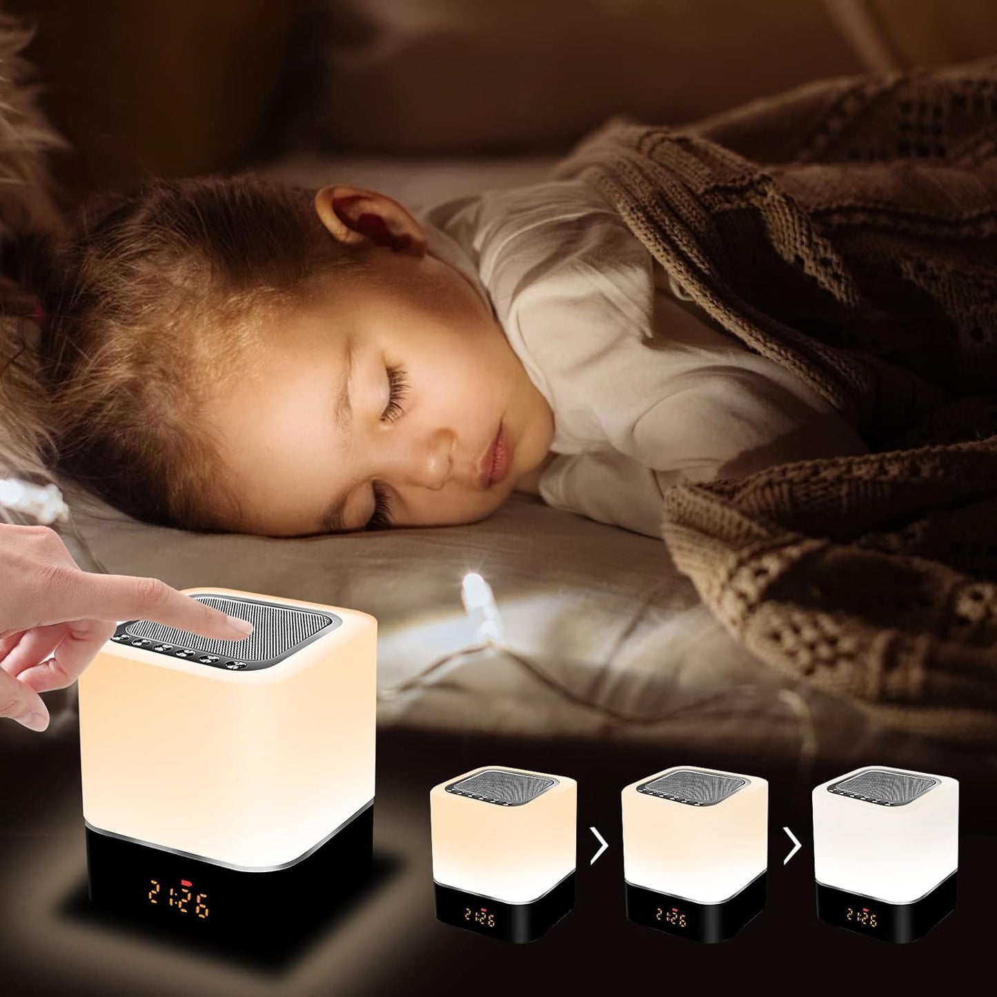 Nachttischlampe mit Wecker und Bluetooth-Lautsprecher, Rot