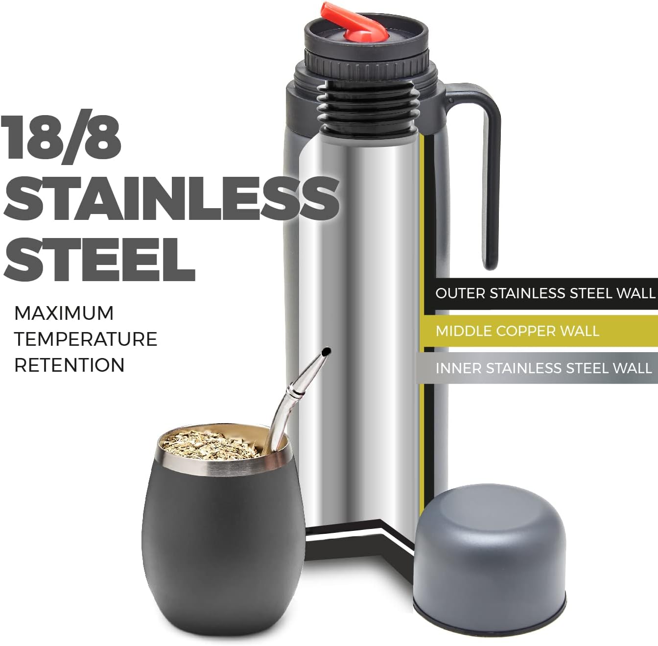 Yerba Mate Set mit Thermos und Bombillas, Grau