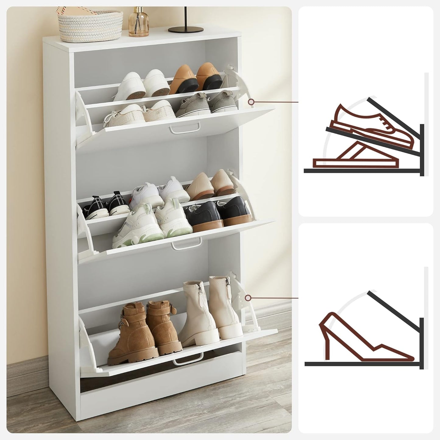 Schuhschrank mit 3 Klappen, Weiss 60 x 24 x 120 cm