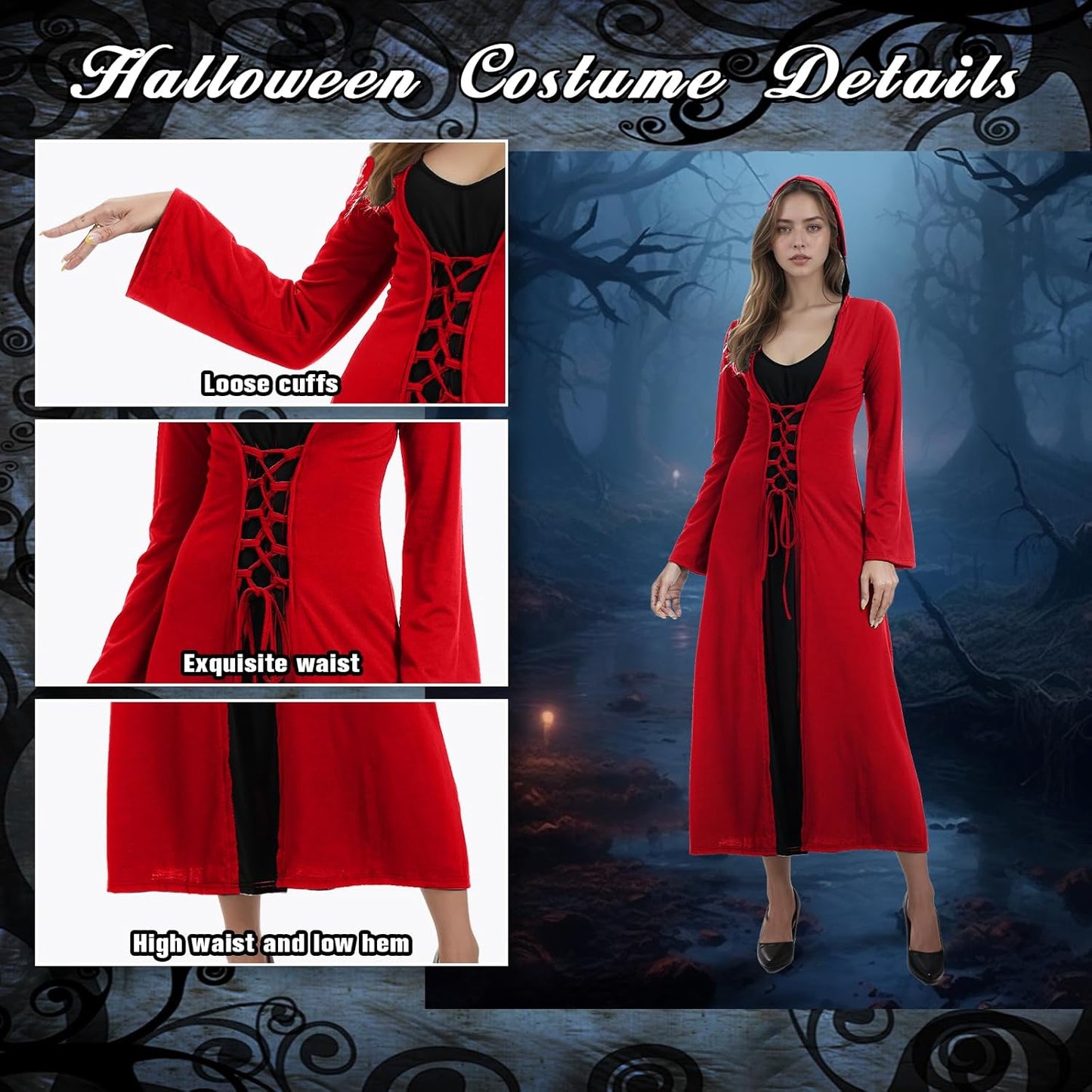 Mittelalterliches Cosplay-Kleid mit Kapuze für Damen, M Rot und Schwarz