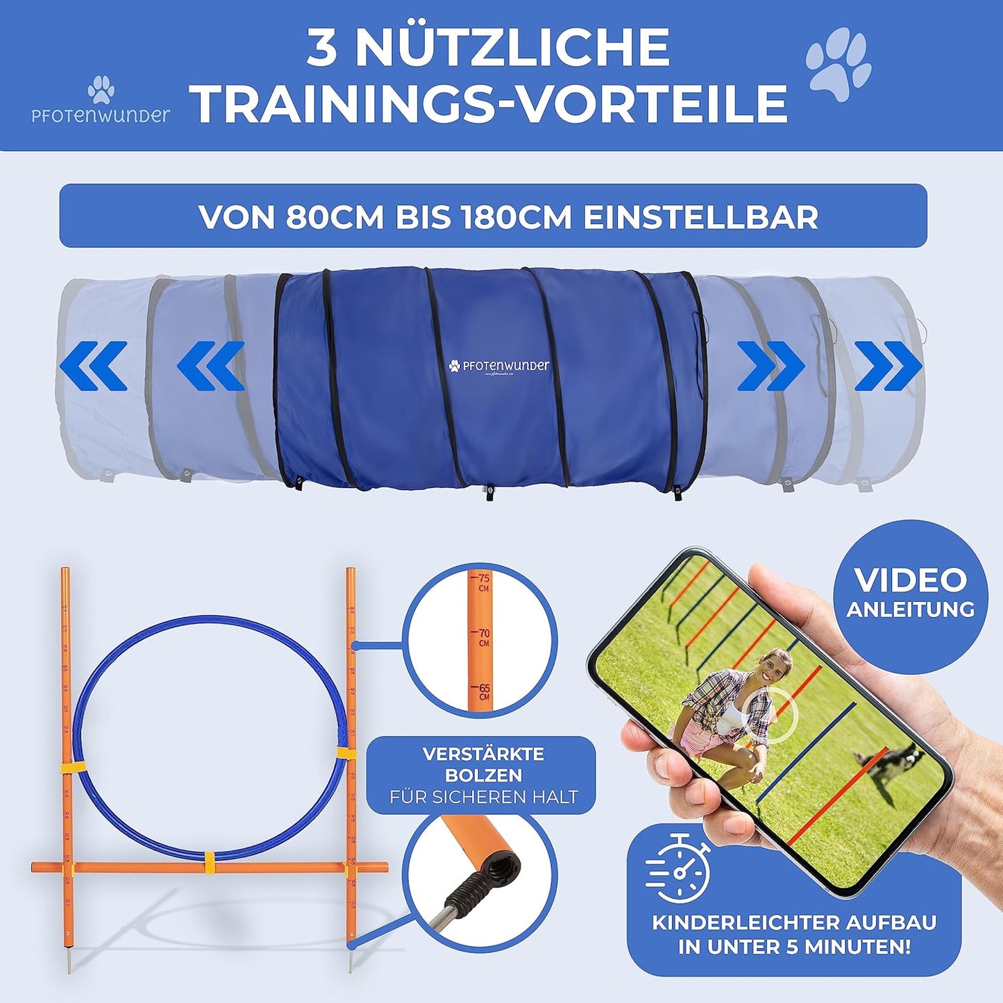 Agility-Set für Hunde, M-Set: Slalom, 1x Hürde, 1x Ring, 1x Tunnel