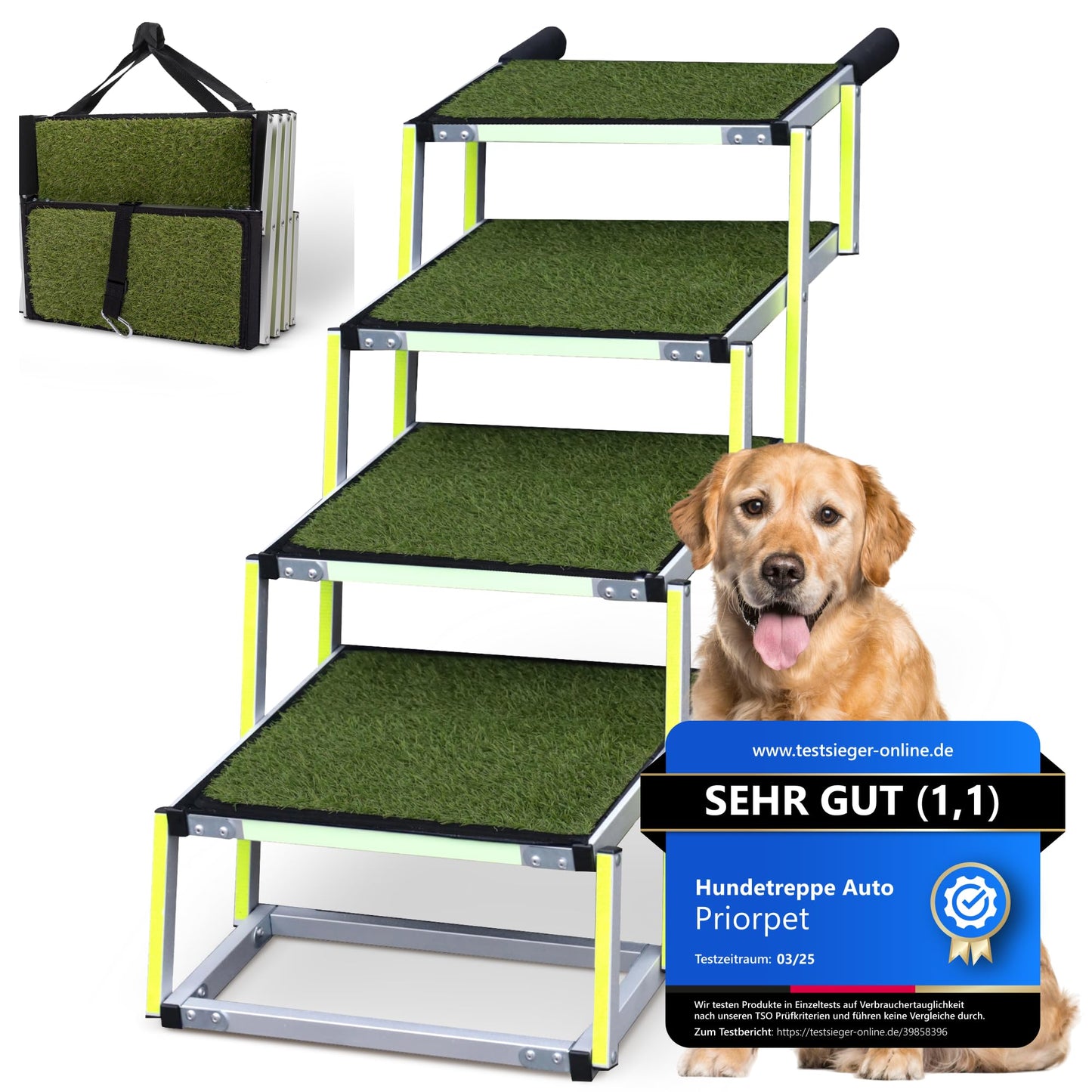 Faltbare Hundetreppe mit Antirutsch Kunstrasen Einsatz, bis 77kg, 4 Grass