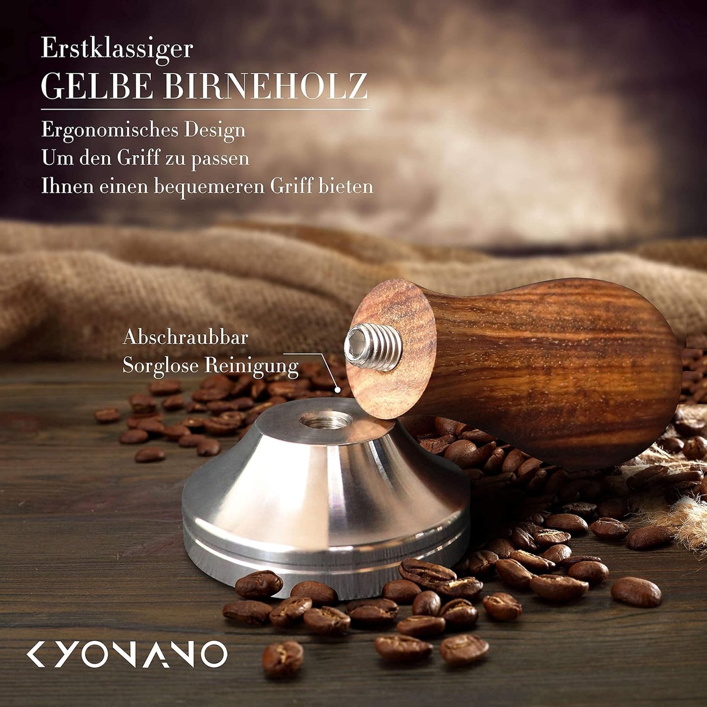 3-teiliges Barista Set mit Tamper, Matte und Milchkännchen, 51mm Gelbe Birneholz