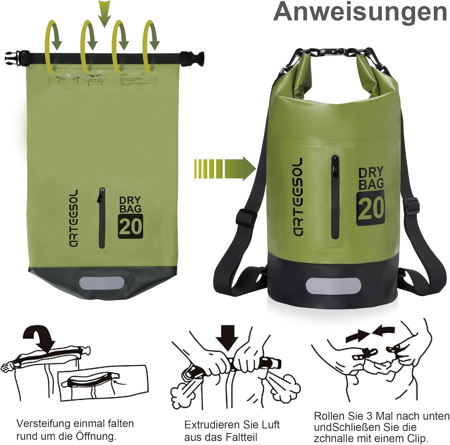 Wasserdichter Dry Bag für Outdoor-Aktivitäten, 30 Liter, 30L Armeegrün