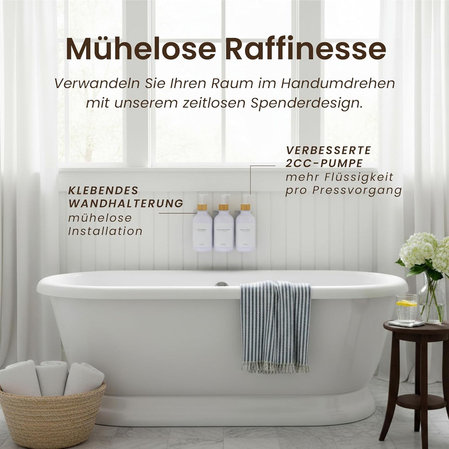Seifenspender 3er-Set ohne Bohren, Weisses Bambus-3er-set