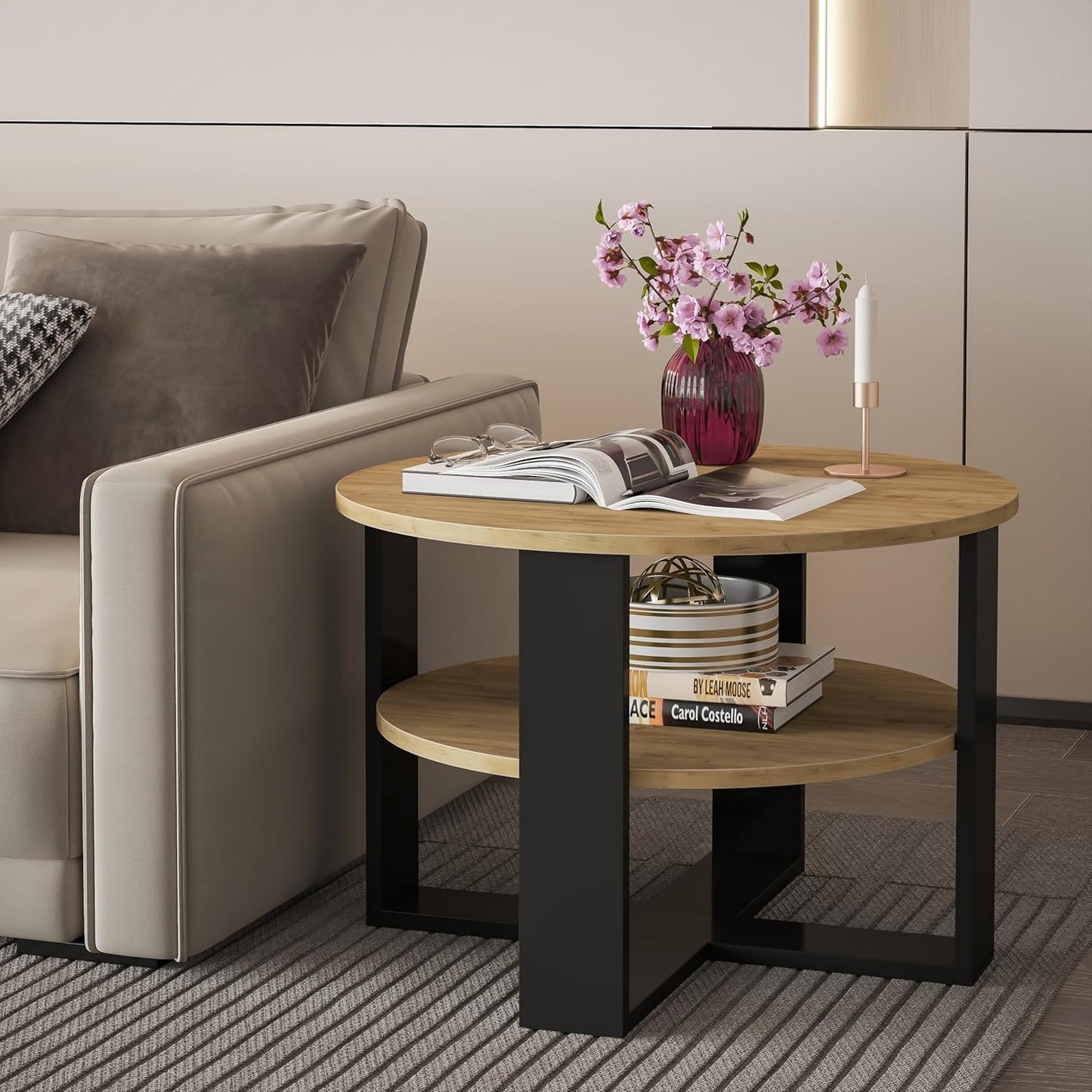 Runder Couchtisch mit Ablage, Schwarz & Eiche Durchmesser: 68CM