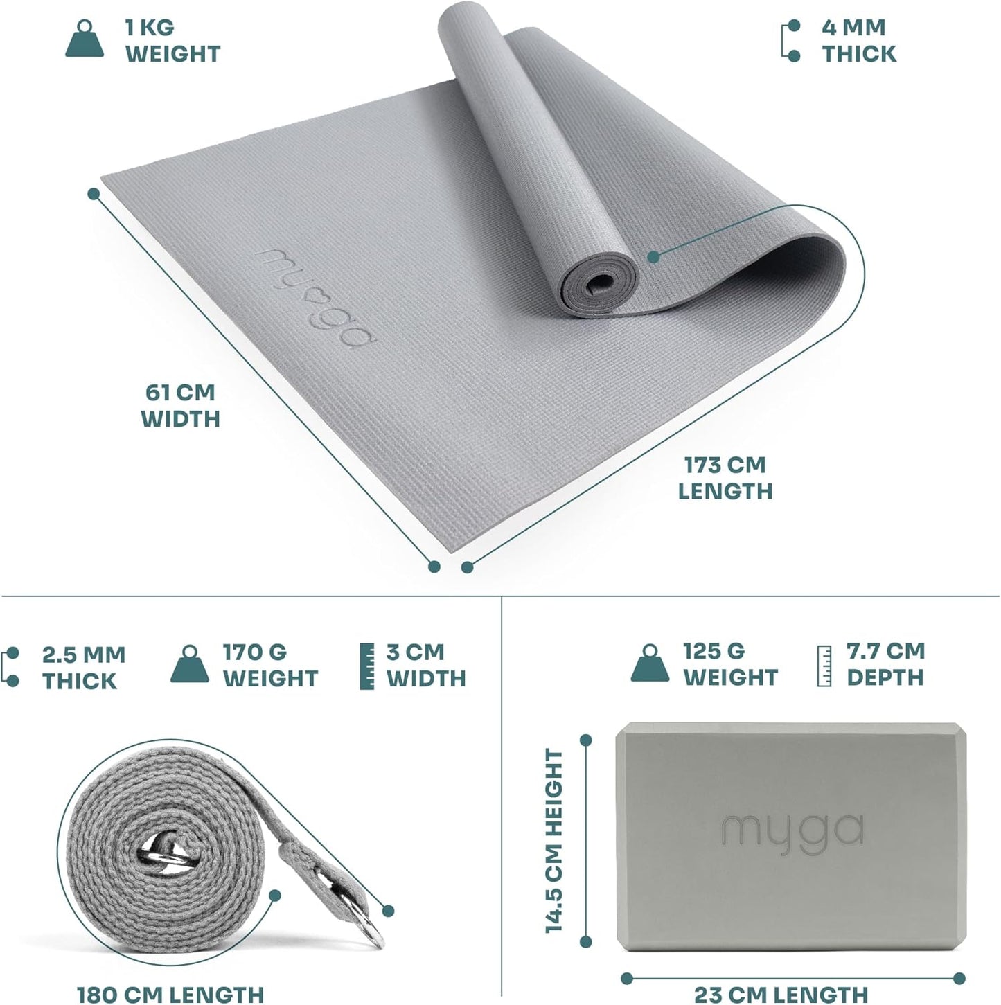 Yoga-Starter-Set mit Matte, Blöcken & Gurt, Grau