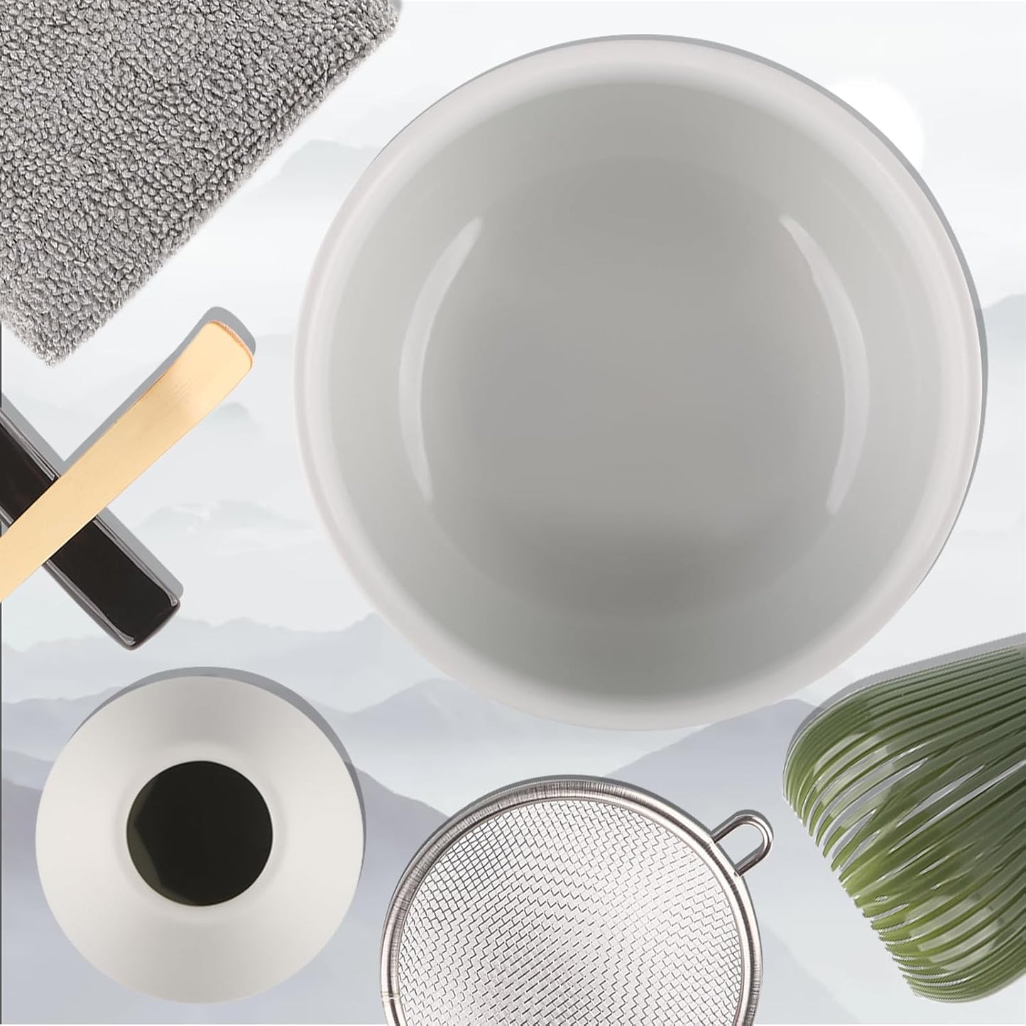 7-teiliges Matcha-Set, Flache Spitze, Mattweiß Kunststoff-Matcha-Besen, grün