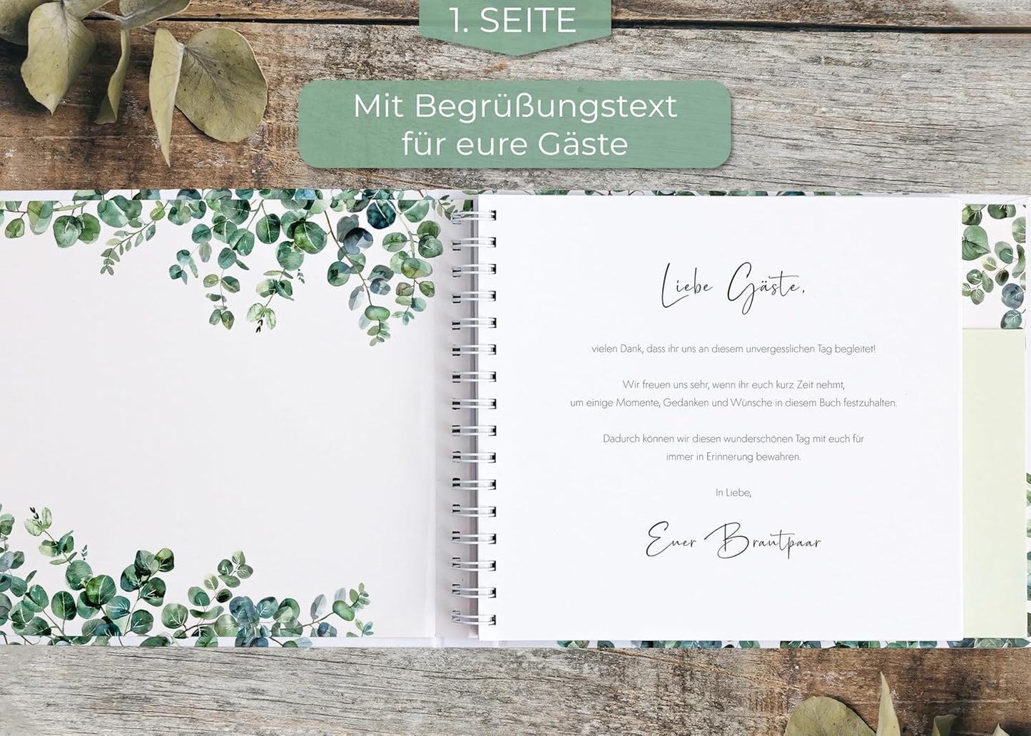 Gästebuch mit Fragen, mit Fragen Eukalyptus + Gold