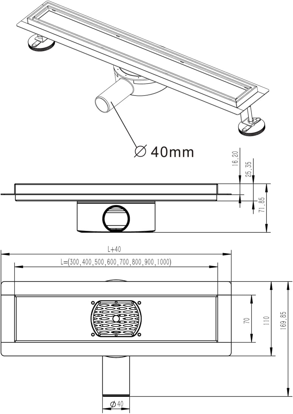 Duschrinne Komplettset mit Geruchsstop und Haarsieb, 360° Schlitz 90cm