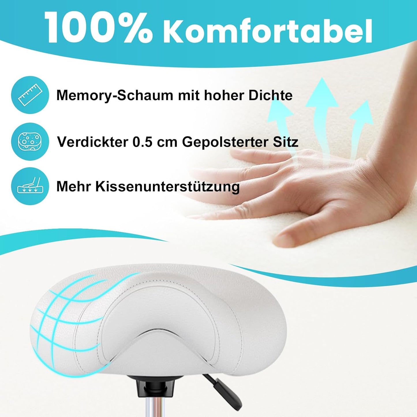 Ergonomischer Sattelhocker mit Rollen und Ringpedal, Weiss