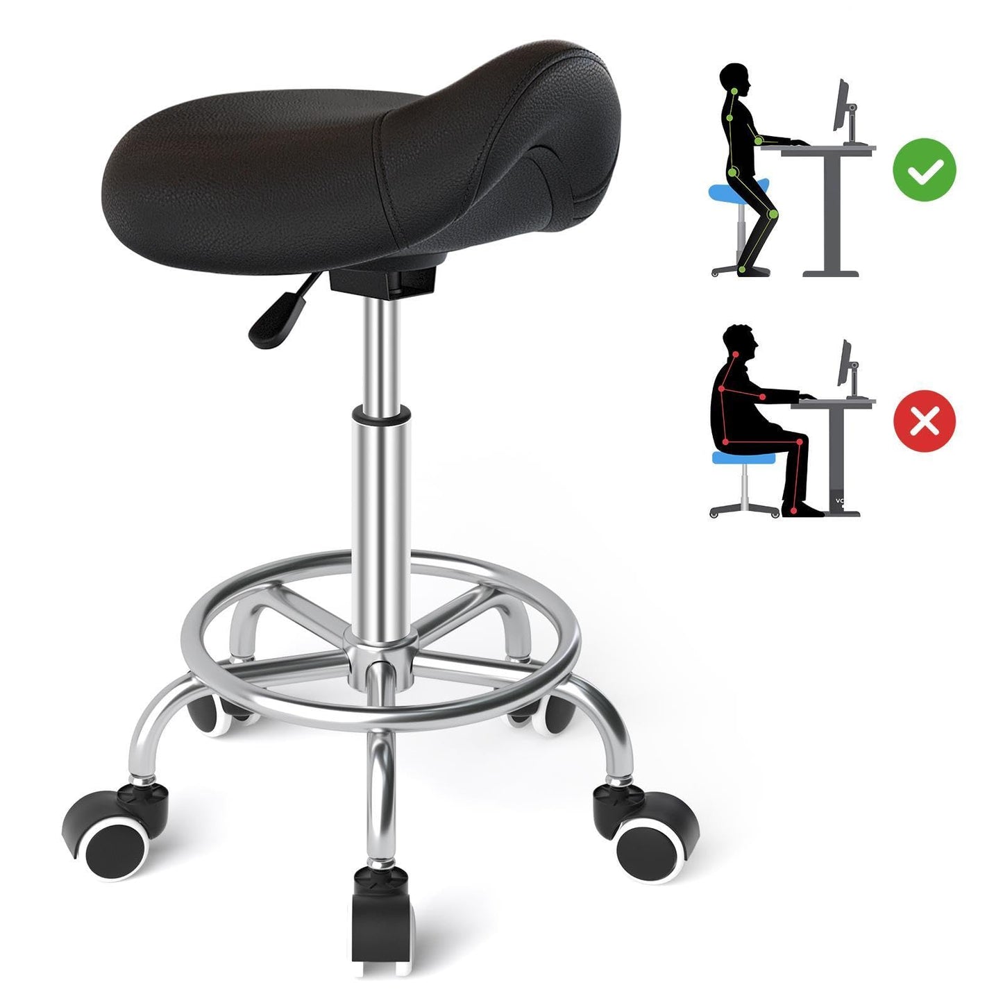 Ergonomischer Sattelhocker mit Rollen und Pedal, Schwarz