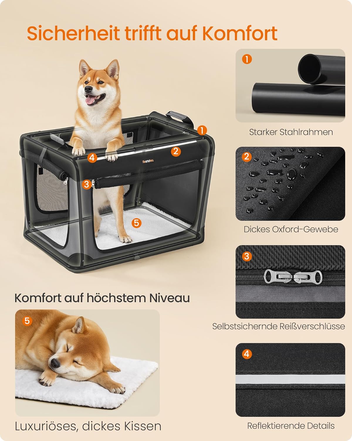Faltbare Hundetransportbox mit 4 Türen und Taschen, PDC017B01, L 76 x B 53 x H 53 cm