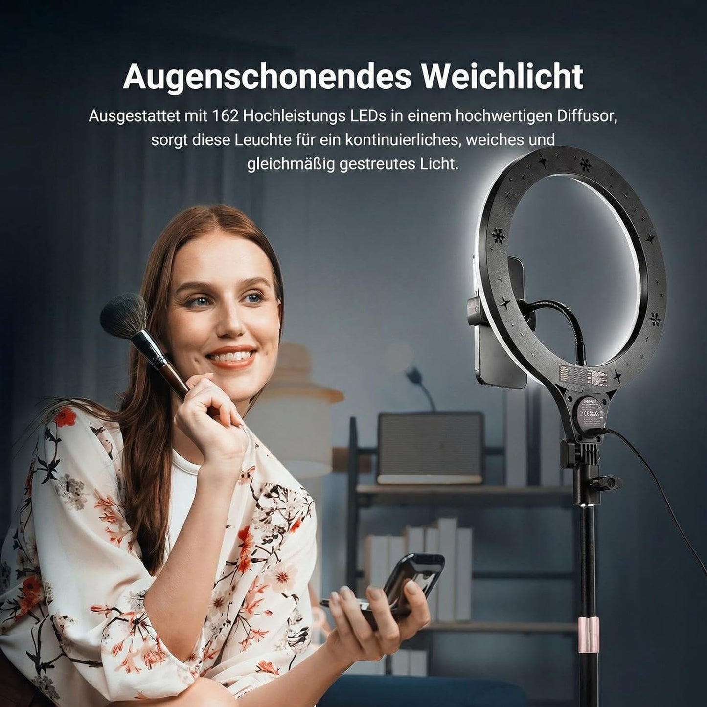 N37 RGB Ringlicht mit Ständer und Handyhalterung, Schwarz 10,5" RGB mit rundem Sockel