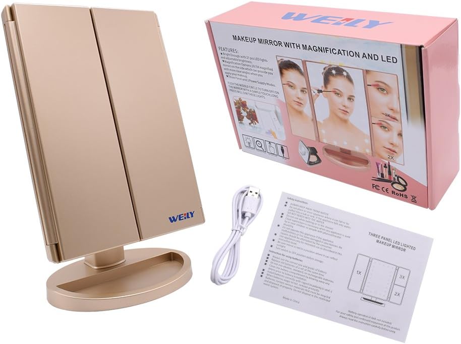 Schminkspiegel mit Beleuchtung und Vergrösserung, Golden