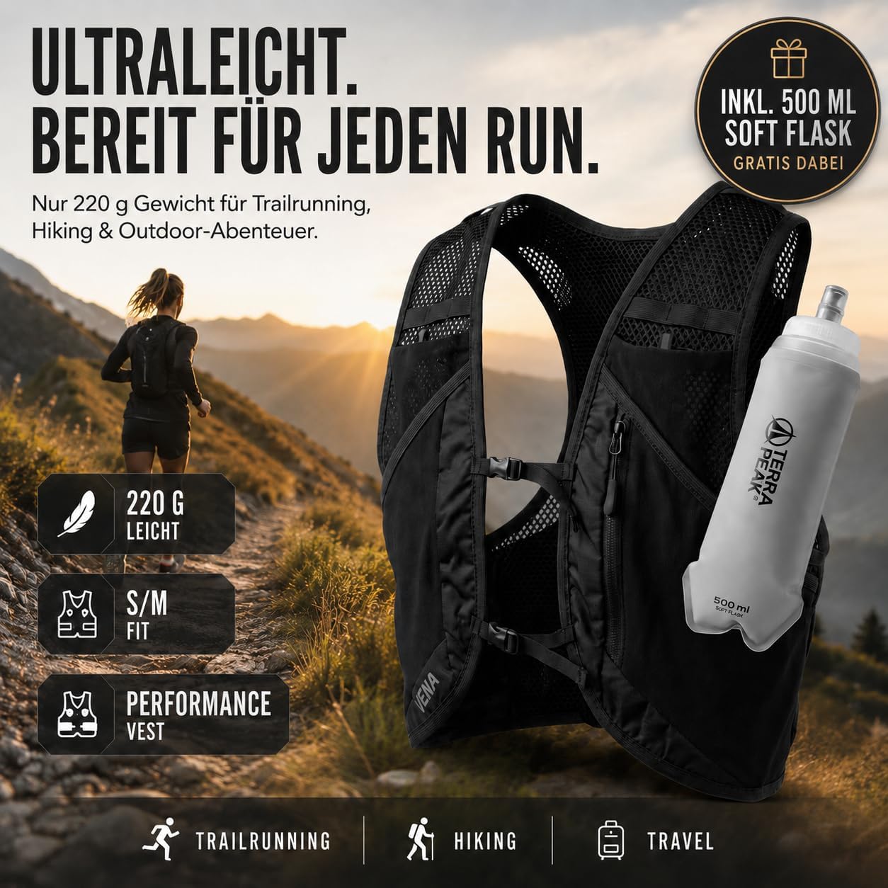 Vena Laufweste mit Trinkflasche und Trinkblasenfach