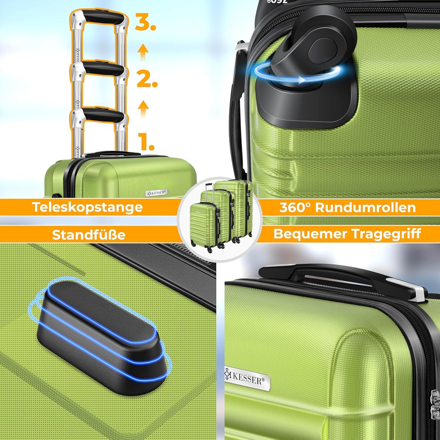 Handgepäck Trolley-Koffer 55L mit Zubehör, Handgepäck 55cm - 55L Hellgrün