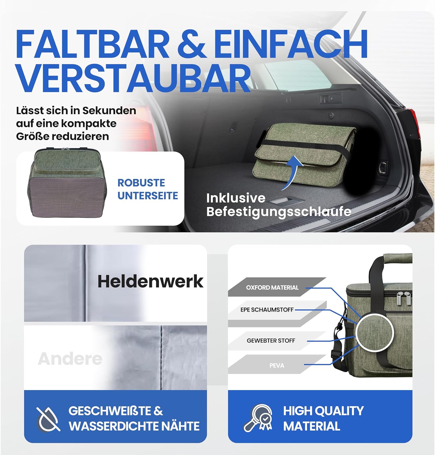 Faltbare Kühltasche mit Flaschenöffner & verstärktem Boden, Olivgrün 30L