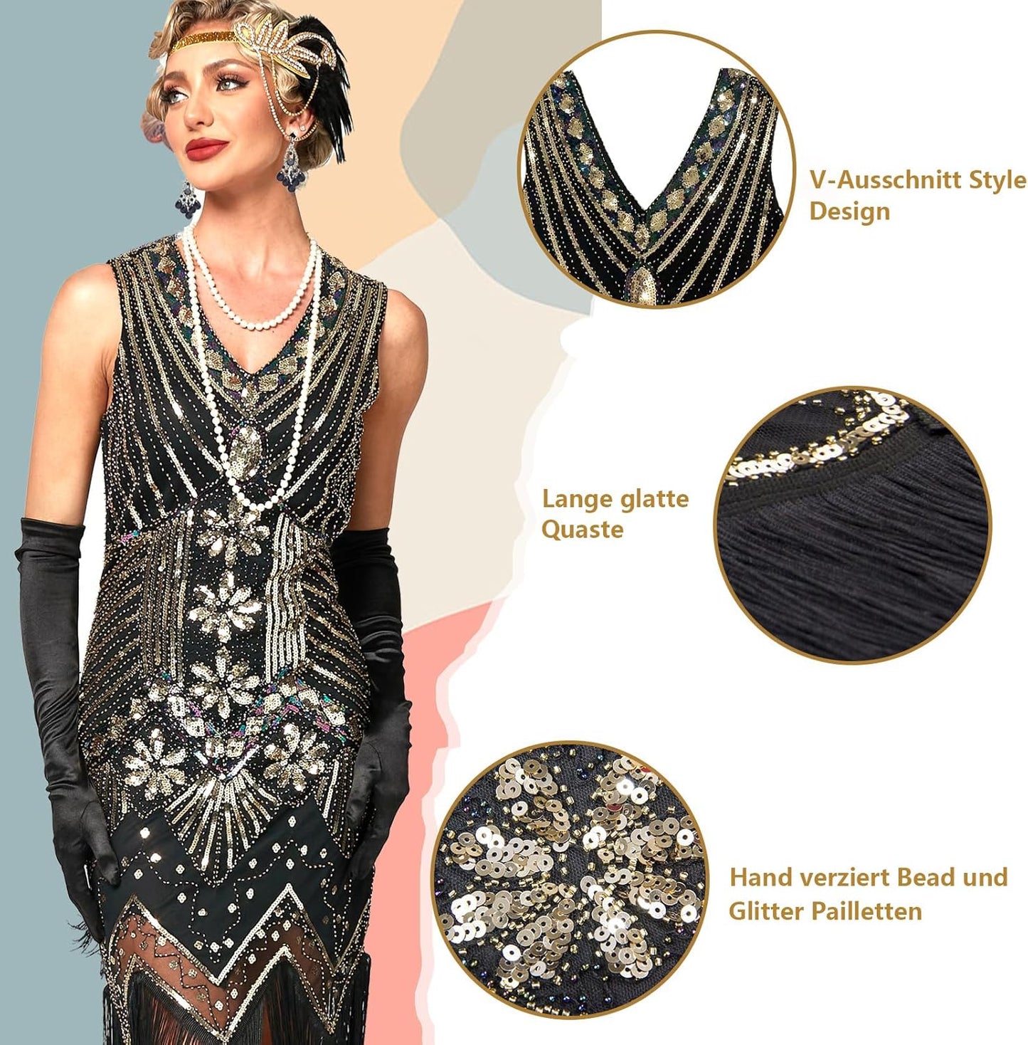 12-teiliges Charleston Kleid mit Accessoires, M