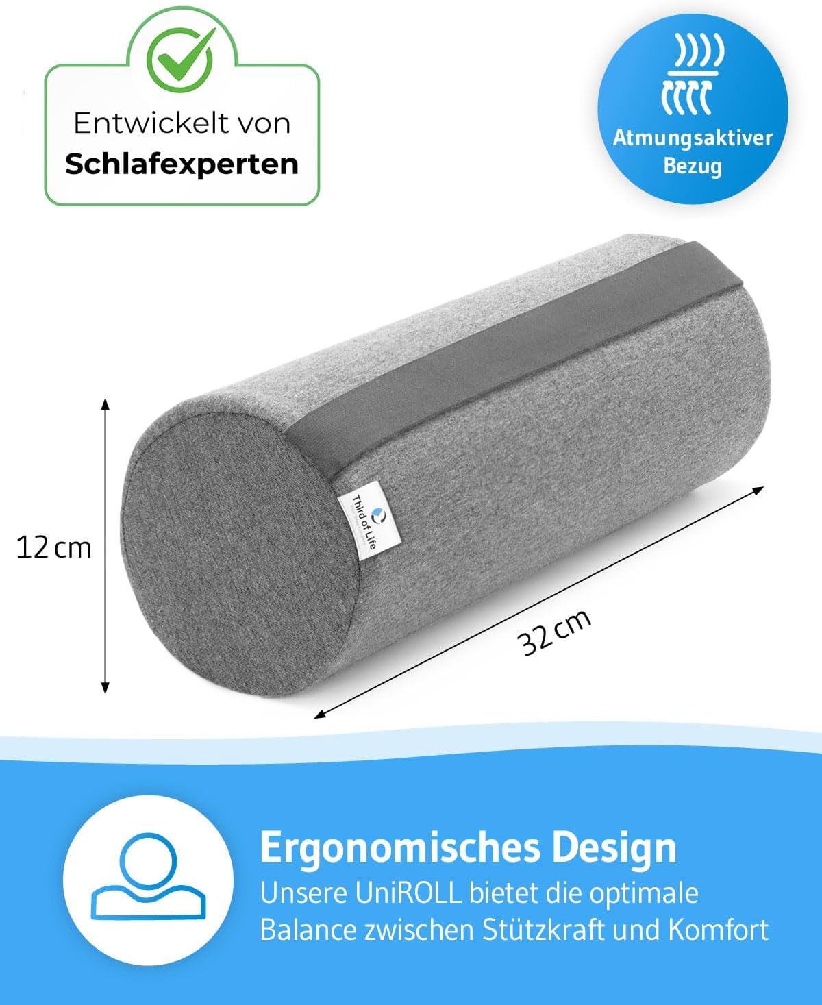 Ergonomische Nackenrolle UniROLL, Flexifit - Grau 32 x 12 cm