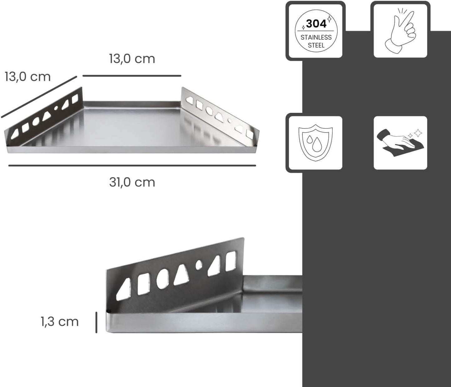 Eck-Duschablage zum Einfliesen, 310mm x 130mm Silber