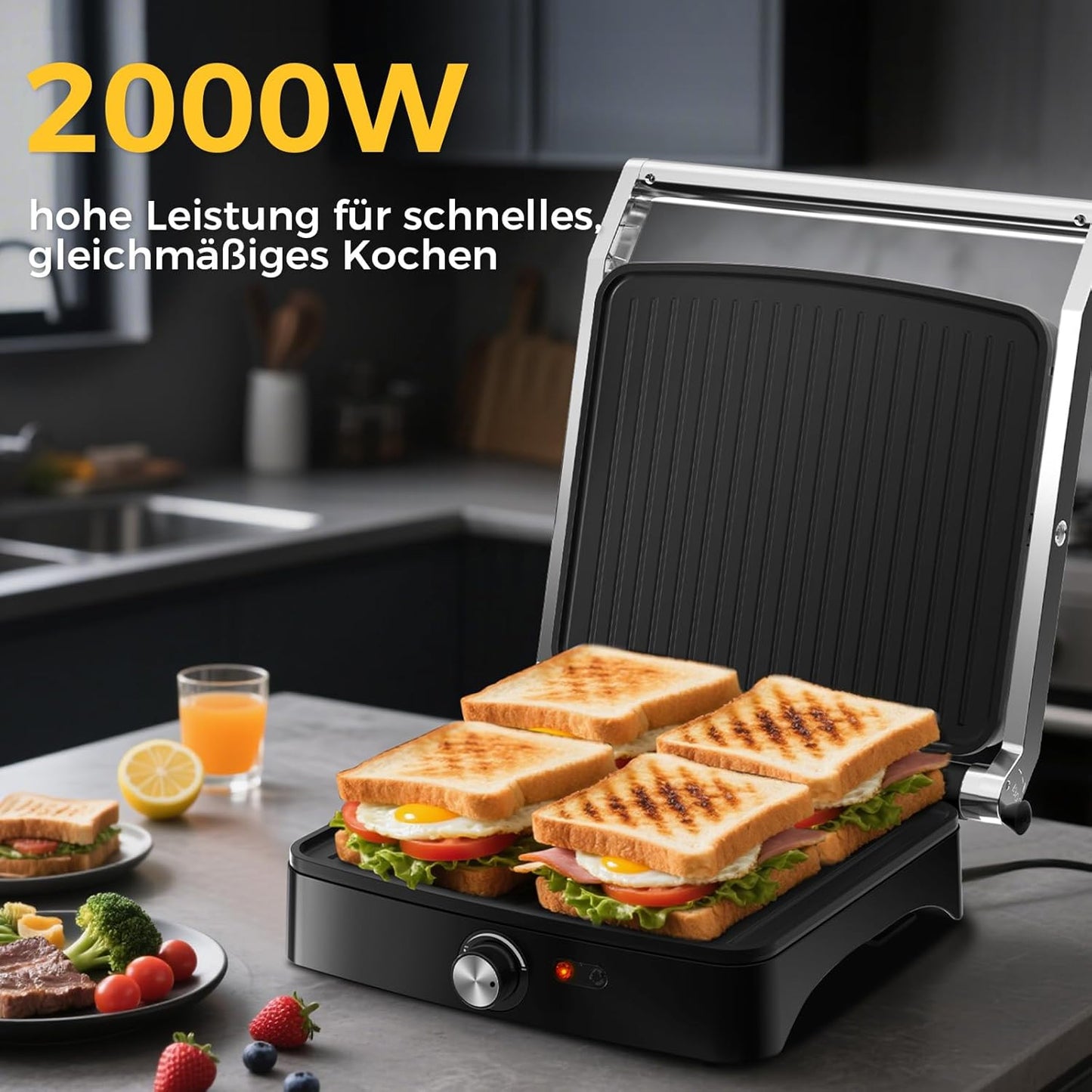 Kontaktgrill mit Antihaftplatten, Cool-Touch-Griff, Fettauffangschale