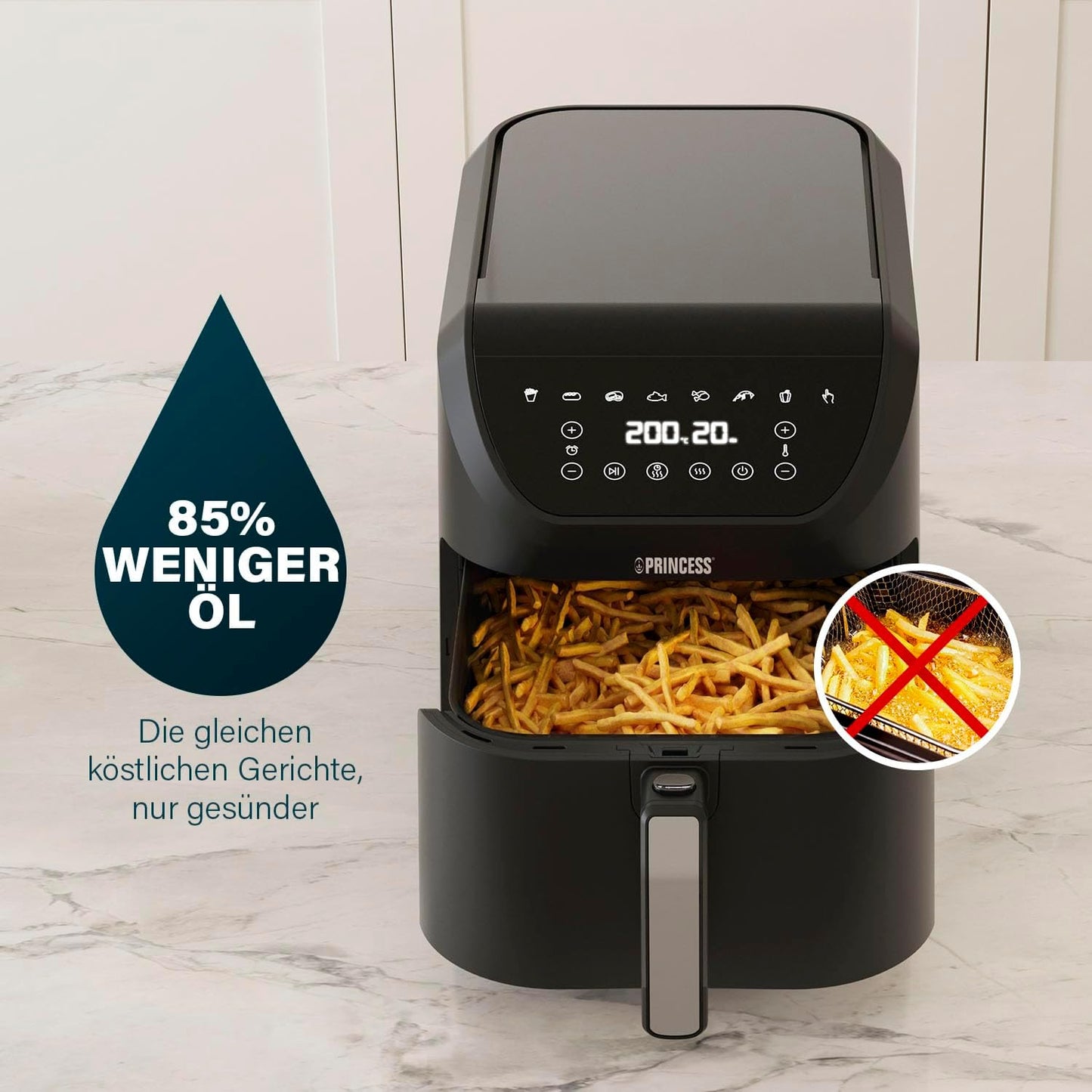 SlimFry Heissluftfritteuse mit 8 Programmen, Weisse Symbole 8 l
