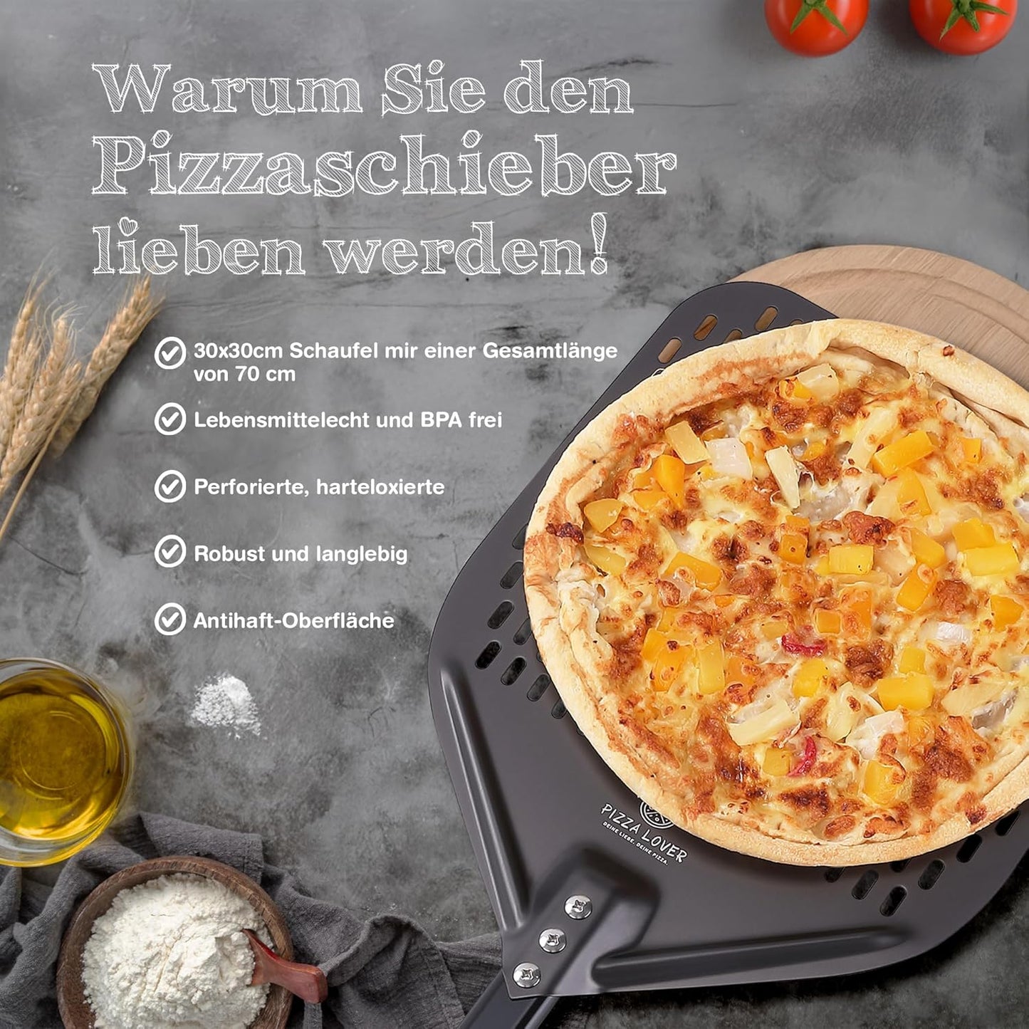 Pizzaschieber perforiert, Schwarz 30x70 cm