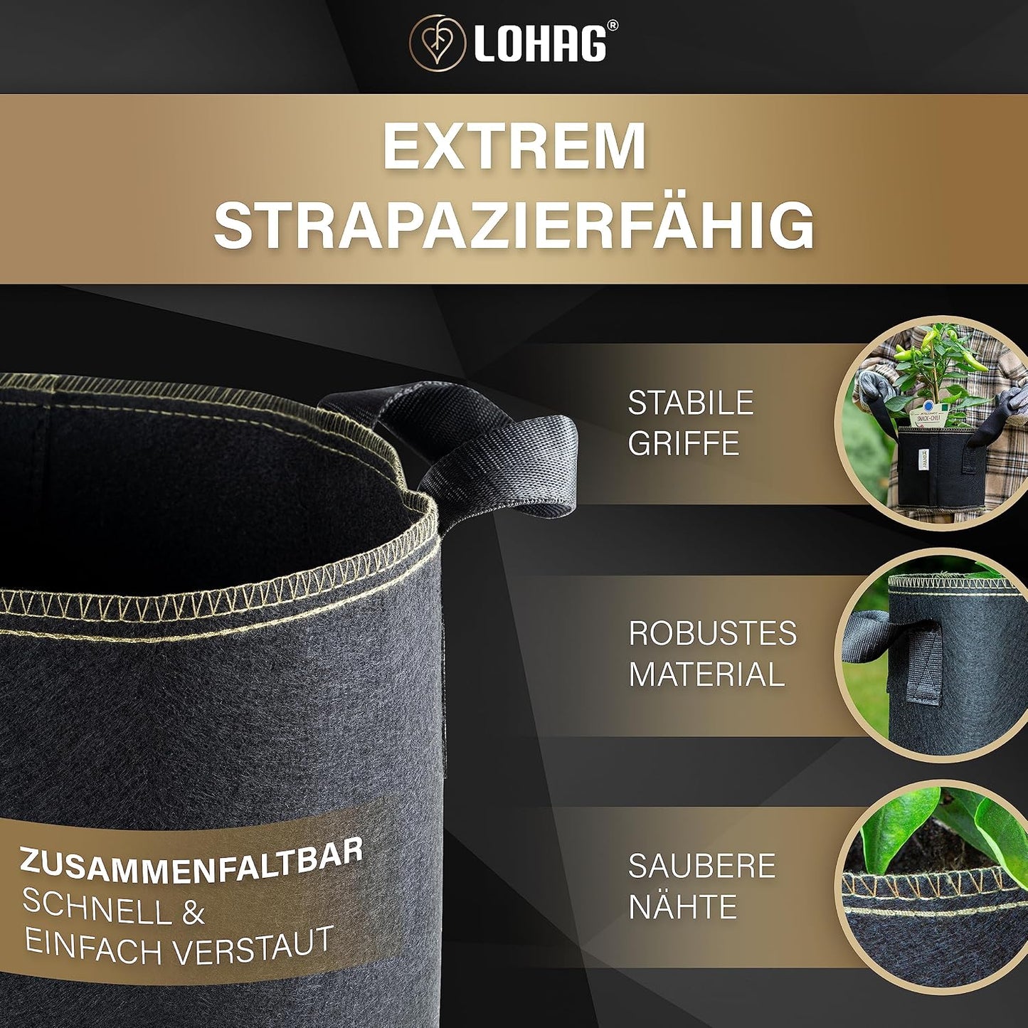 3er-Set Pflanzsack, 40 Liter, 10 Gallonen 3er Pack