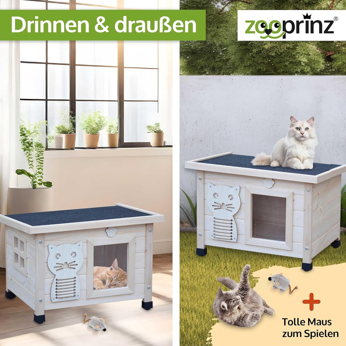 Premium Katzenhaus aus Holz mit Schwingtür, Natur Standard
