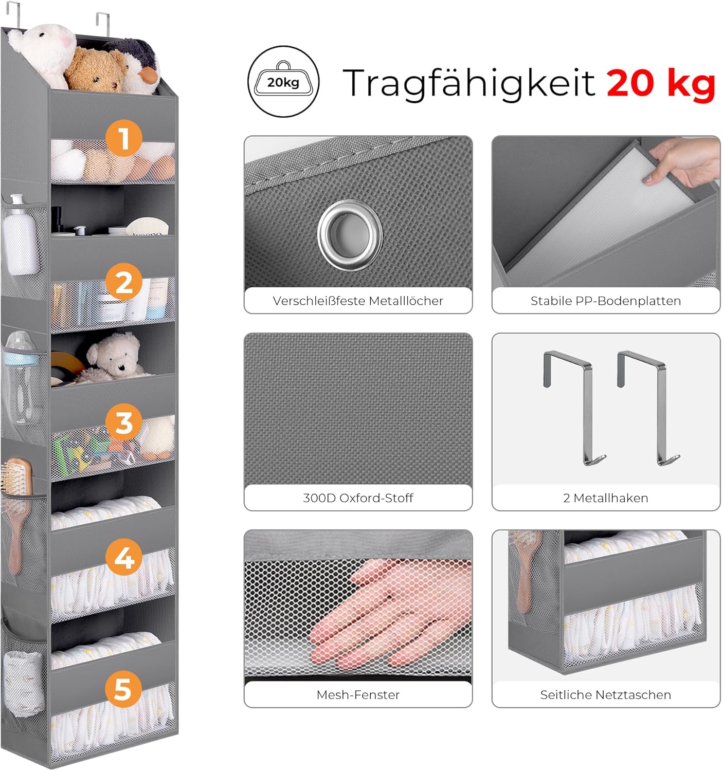 Hängeorganizer für die Tür, 5 Fächern - 1 Stück Grau