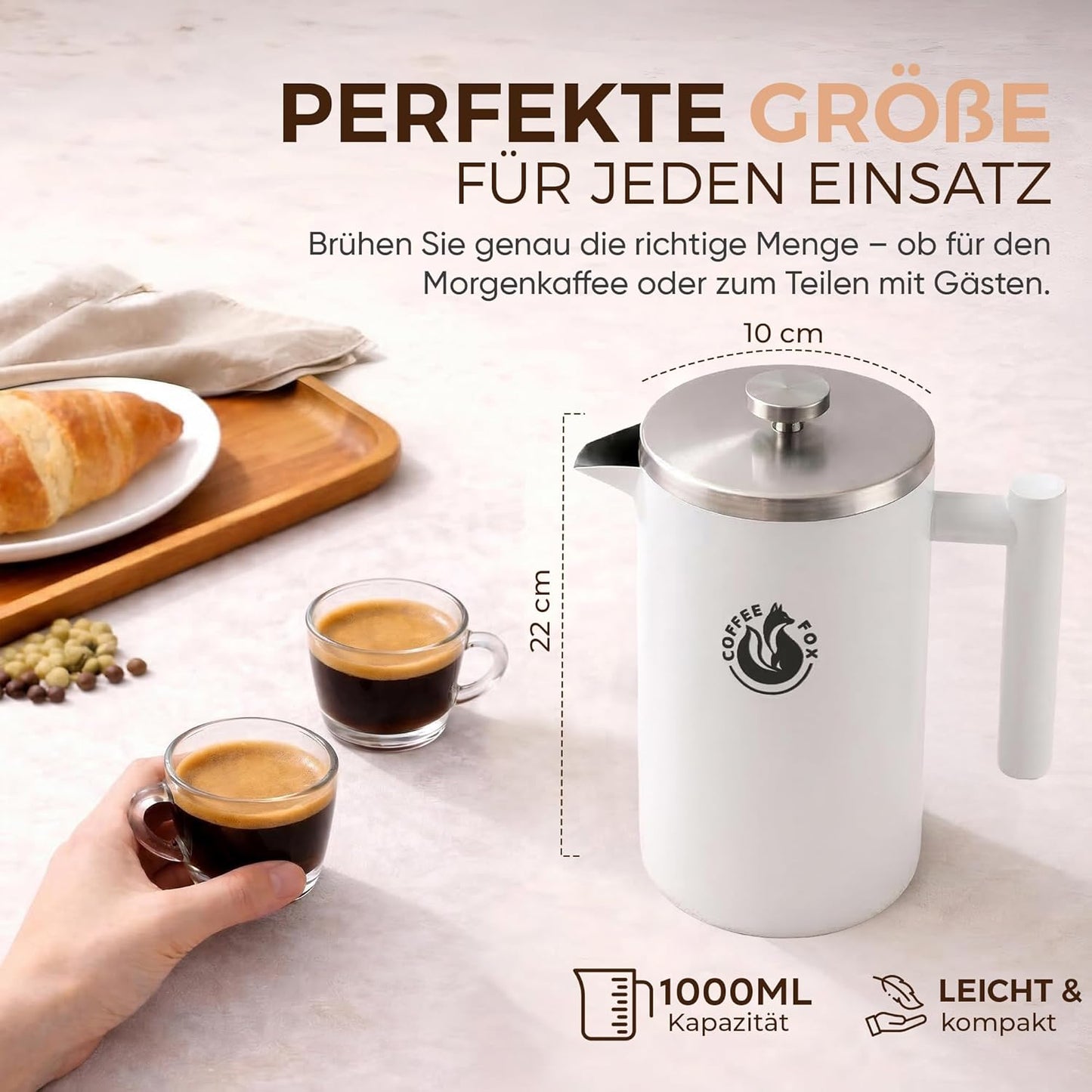 Französische Kaffeepresse, 1000 ml Weiss