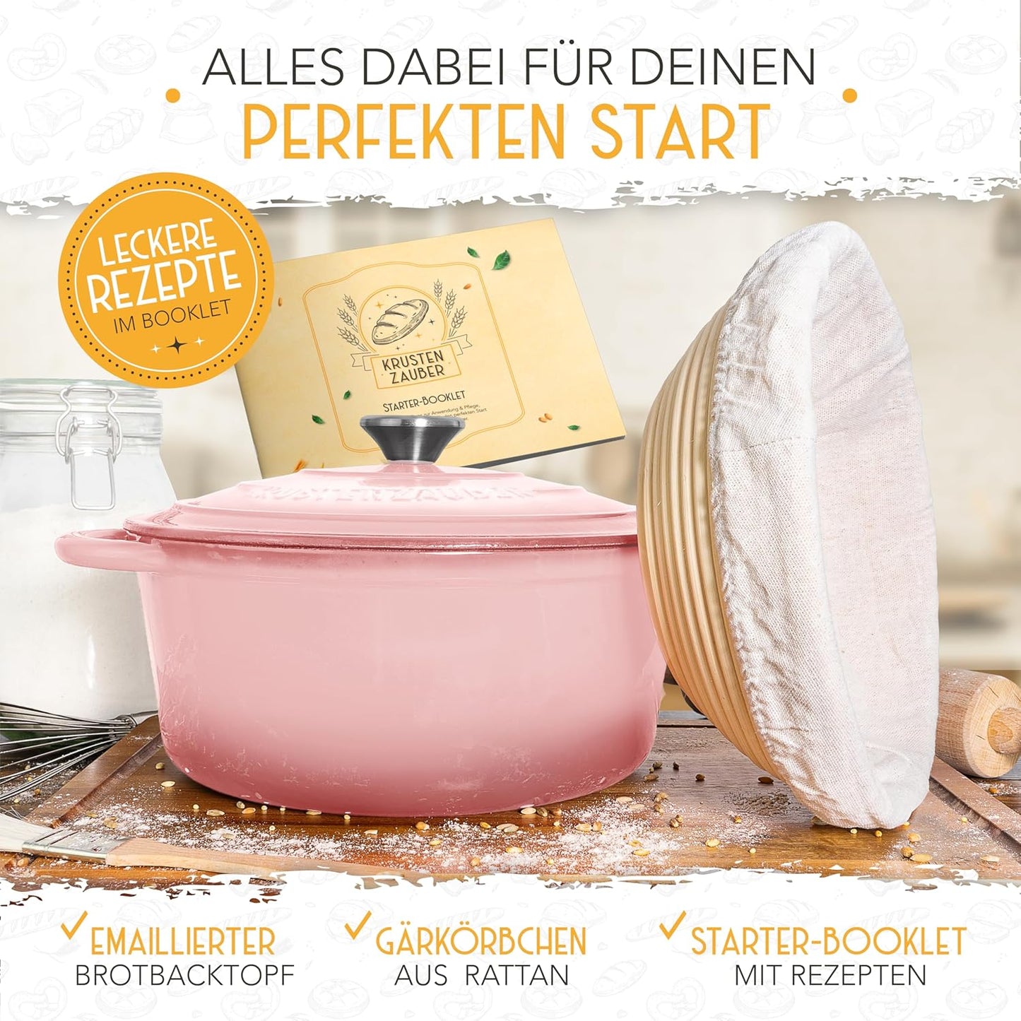 Brotbacktopf mit Gärkorb, Rosa Topf