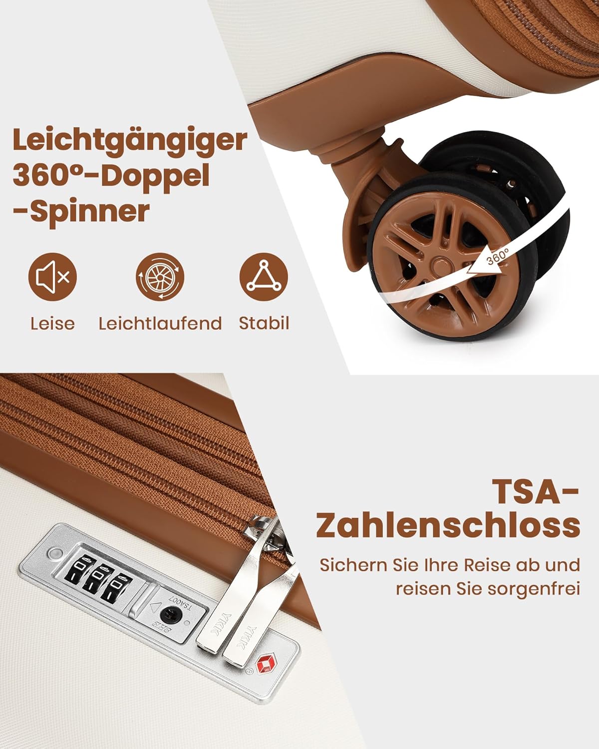 Reisekoffer-Set mit TSA Schloss, Mittlerer Koffer-Set 3tlg Creme/Braun