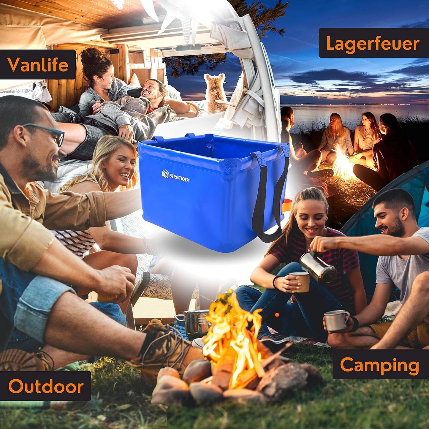 Faltbare Camping-Spülwanne mit Griff, Royalblau / Orange - 22 Liter