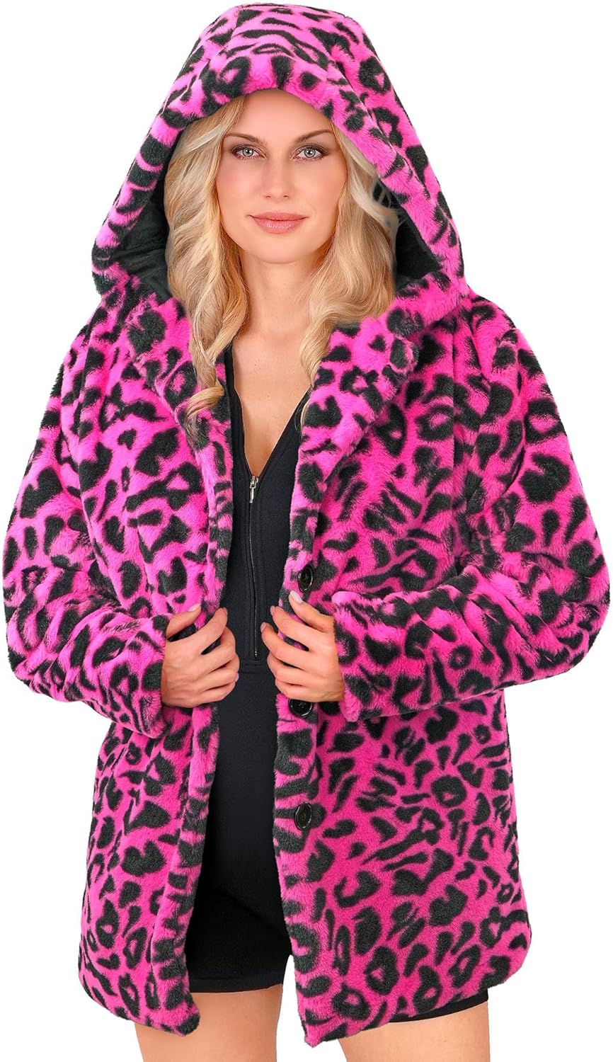 Neon Pinker Leopardenmuster Plüschmantel, XXL Neon-Pink
