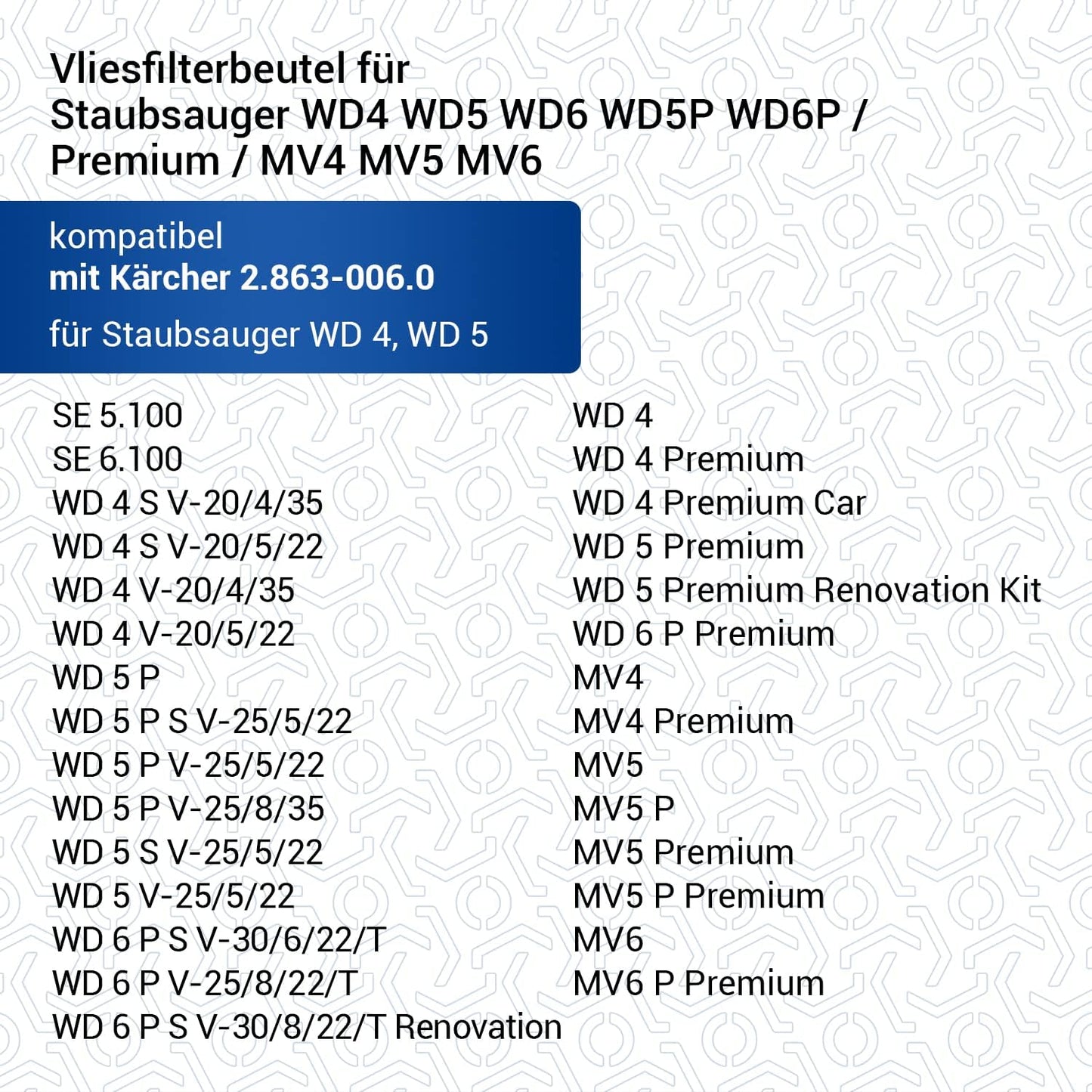 Ersatz Staubsaugerbeutel für Kärcher WD-Serie, 8 Stück