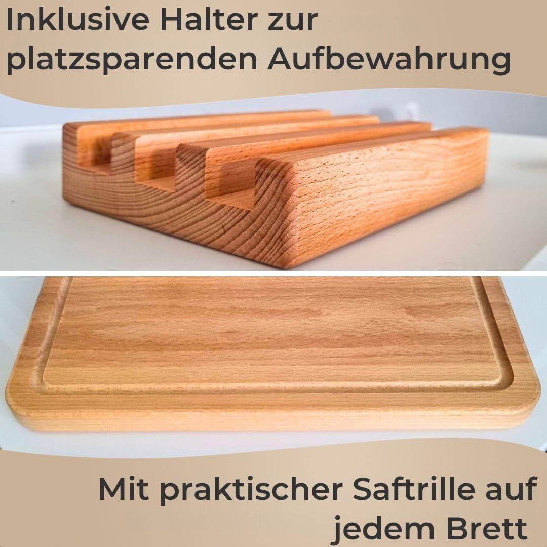 3er-Set Schneidebrett mit Ständer, Schneidebretter Set Buchenholz