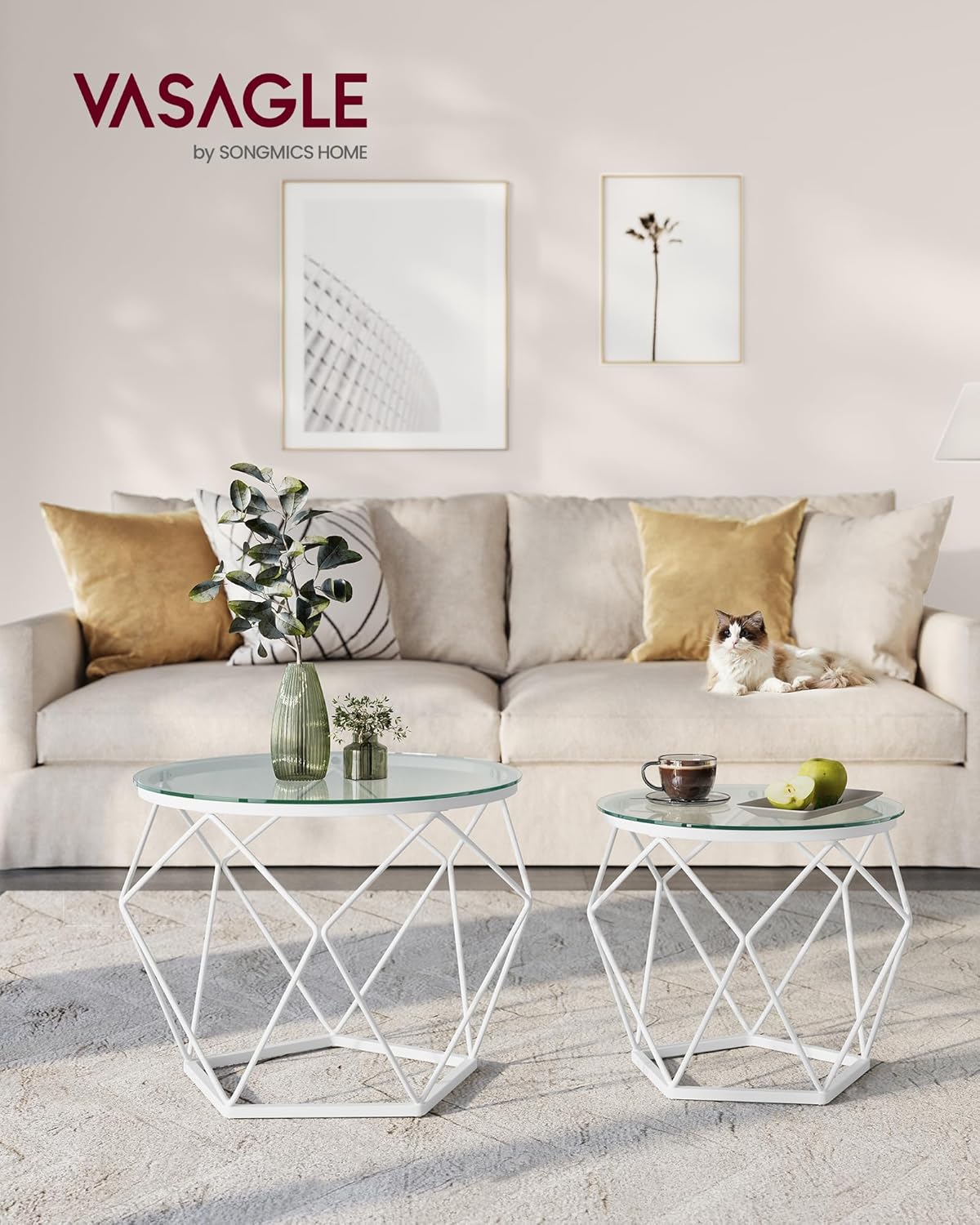 2er-Set Runder Couchtisch mit abnehmbarer Tischplatte, Transparent + Wolkenweiss