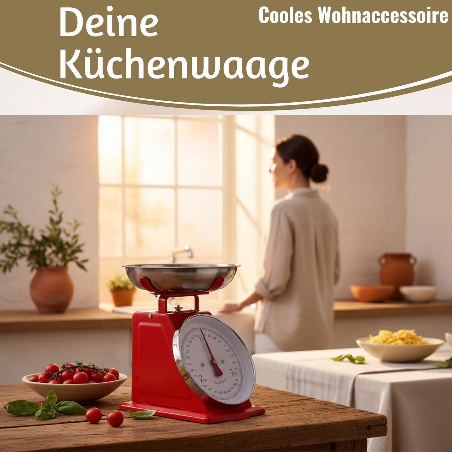 Vintage Küchenwaage mit Edelstahl-Schüssel (1L), Rot
