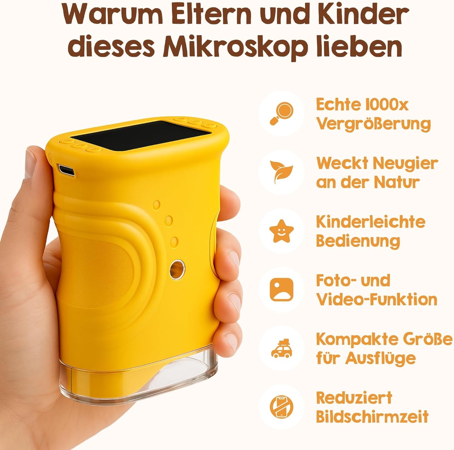 Digitales Kinder-Mikroskop mit HD-Bildschirm, Gelb