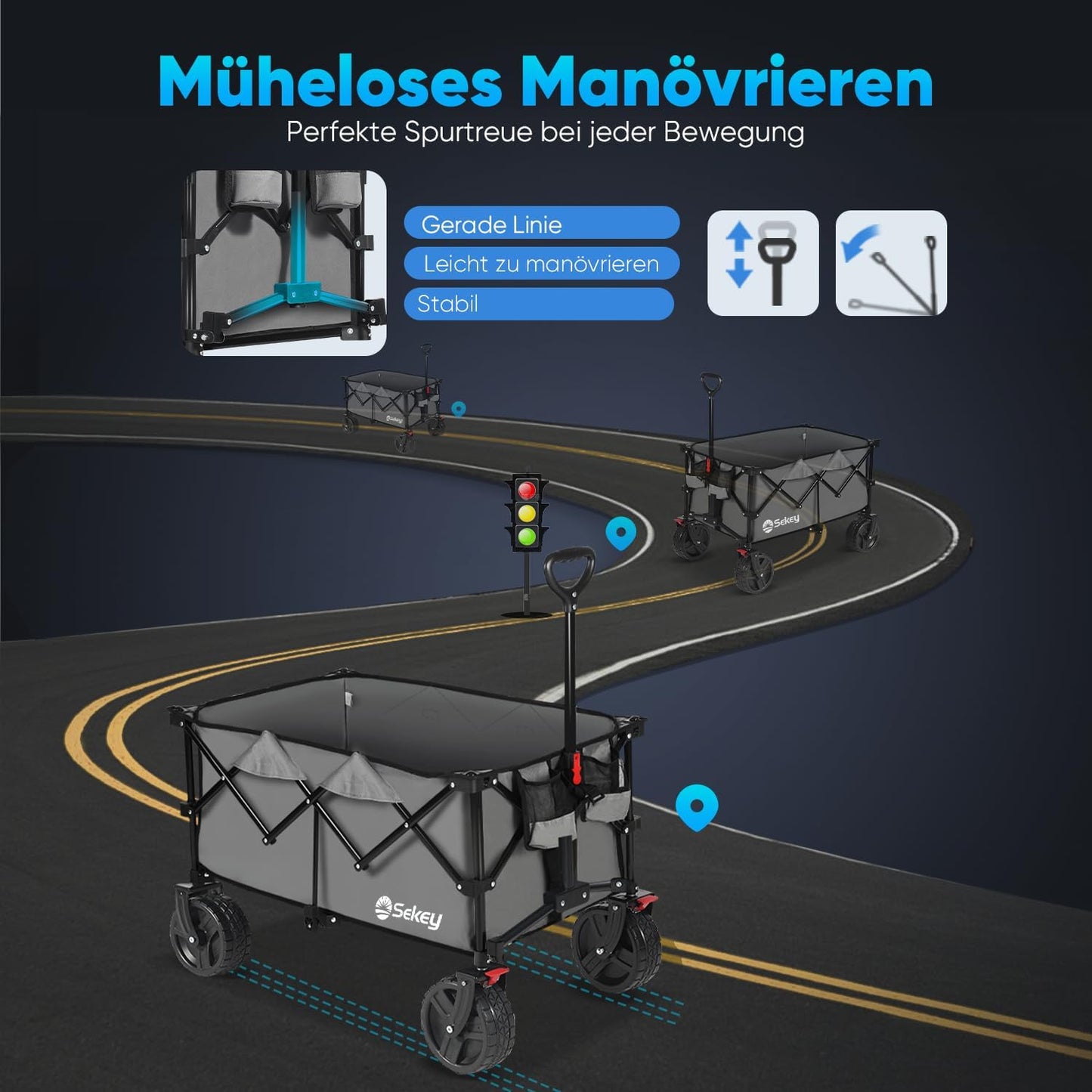Faltbarer XXL Bollerwagen mit Bremsen 200L 200KG, Anthrazit 8cm Räder