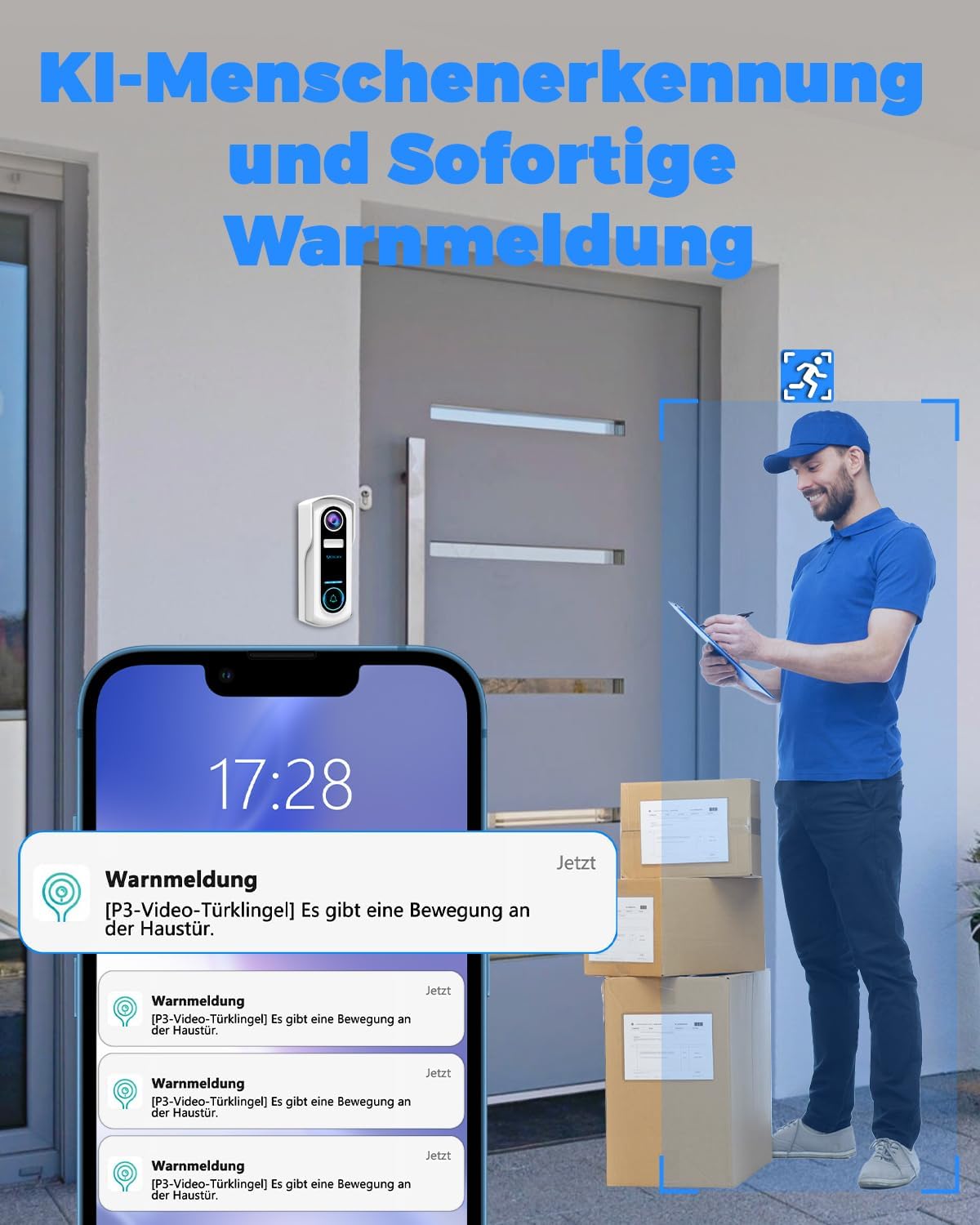 Video-Türklingel mit Kamera und Nachtsicht, Türklingel mit Akku Gong
