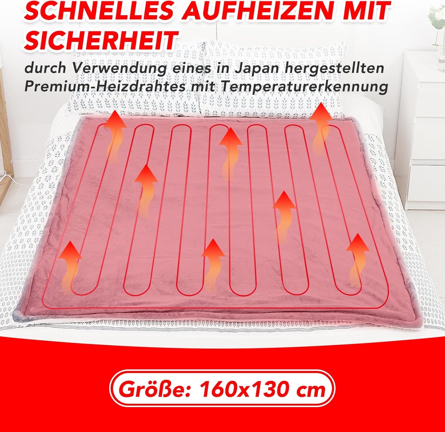 Heizdecke mit Abschaltautomatik, 130x160cm Grau