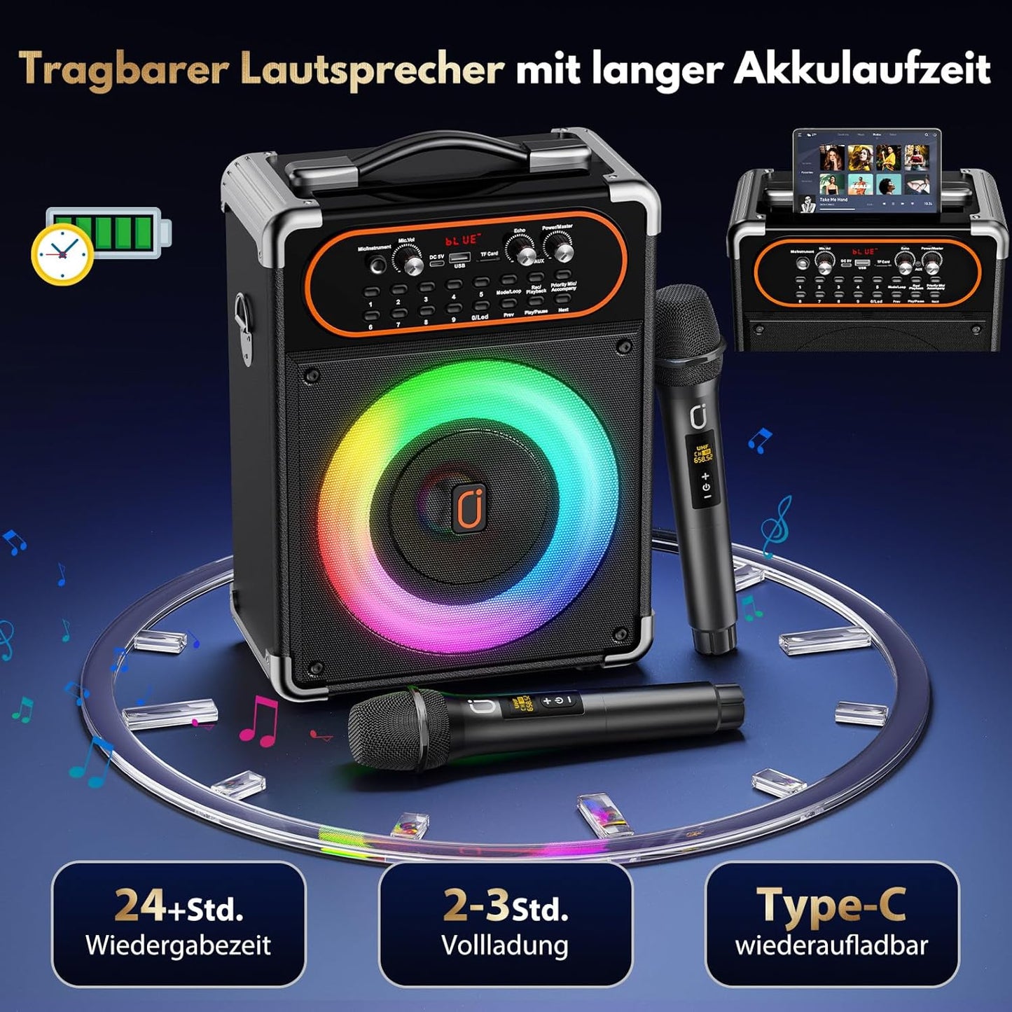 Kabellose Karaoke Maschine mit 2 Mikrofonen, Schwarz-S68