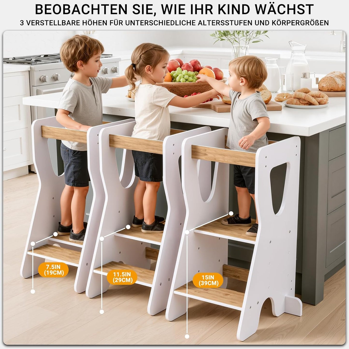 Lernturm höhenverstellbar mit Kippschutz, Weiss und Natur