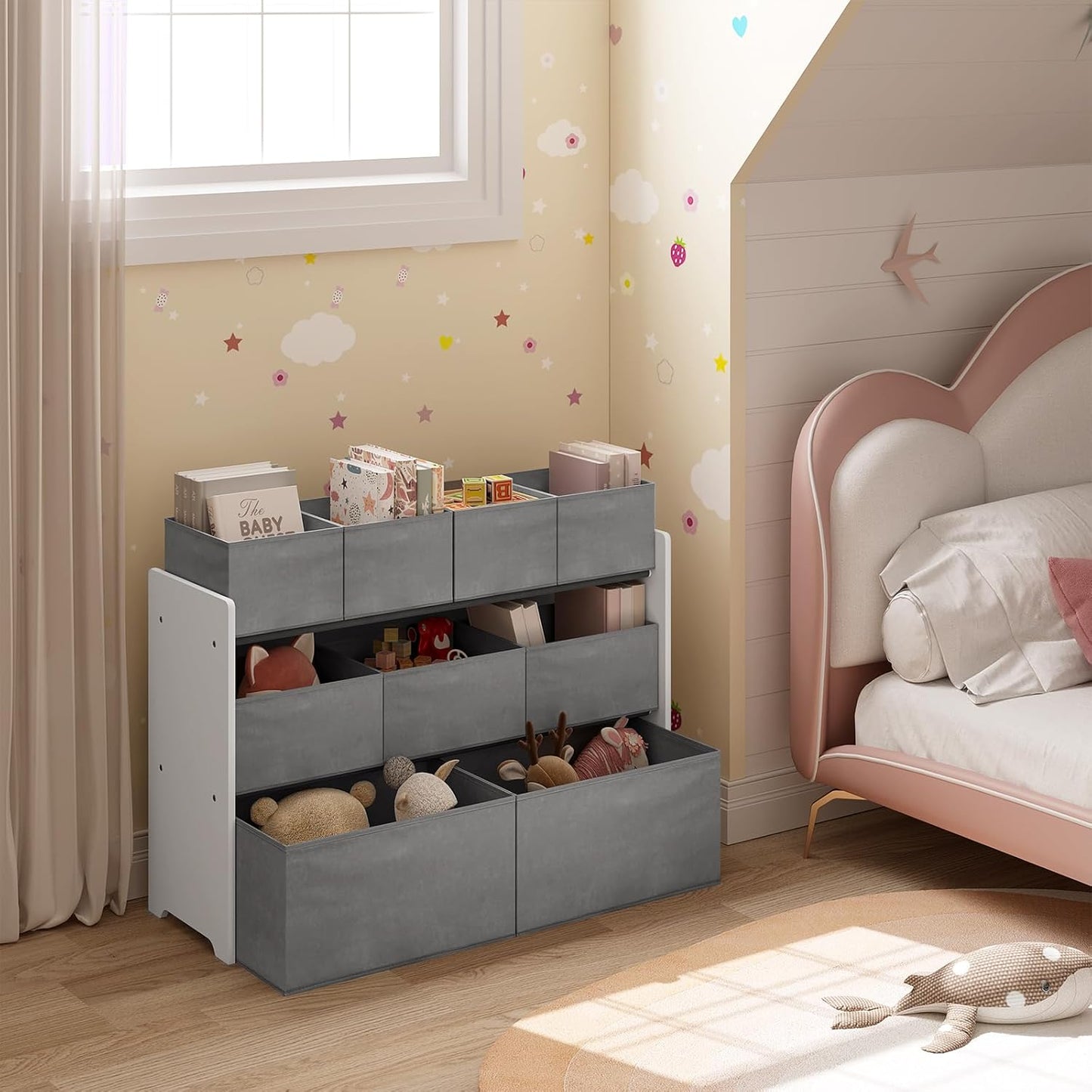 Kinder-Aufbewahrungsregal mit Vliesstoffboxen, Weiss+grau 92x60x30 cm